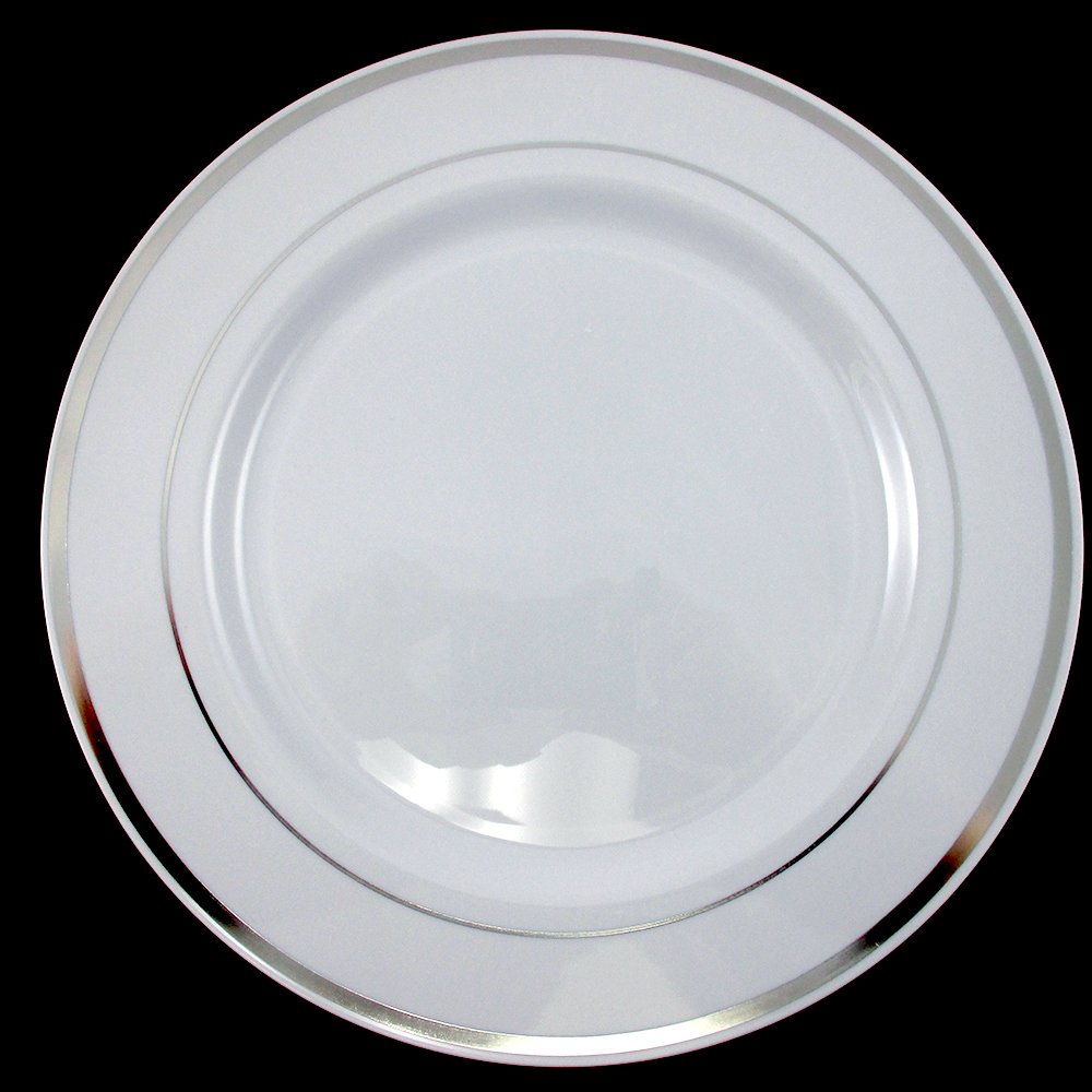 60-Piece Heavyweight Plastic Dinner Plates with Silver Rim - Elegant Disposable Salad Plates for Weddings, Parties, and Catering Events