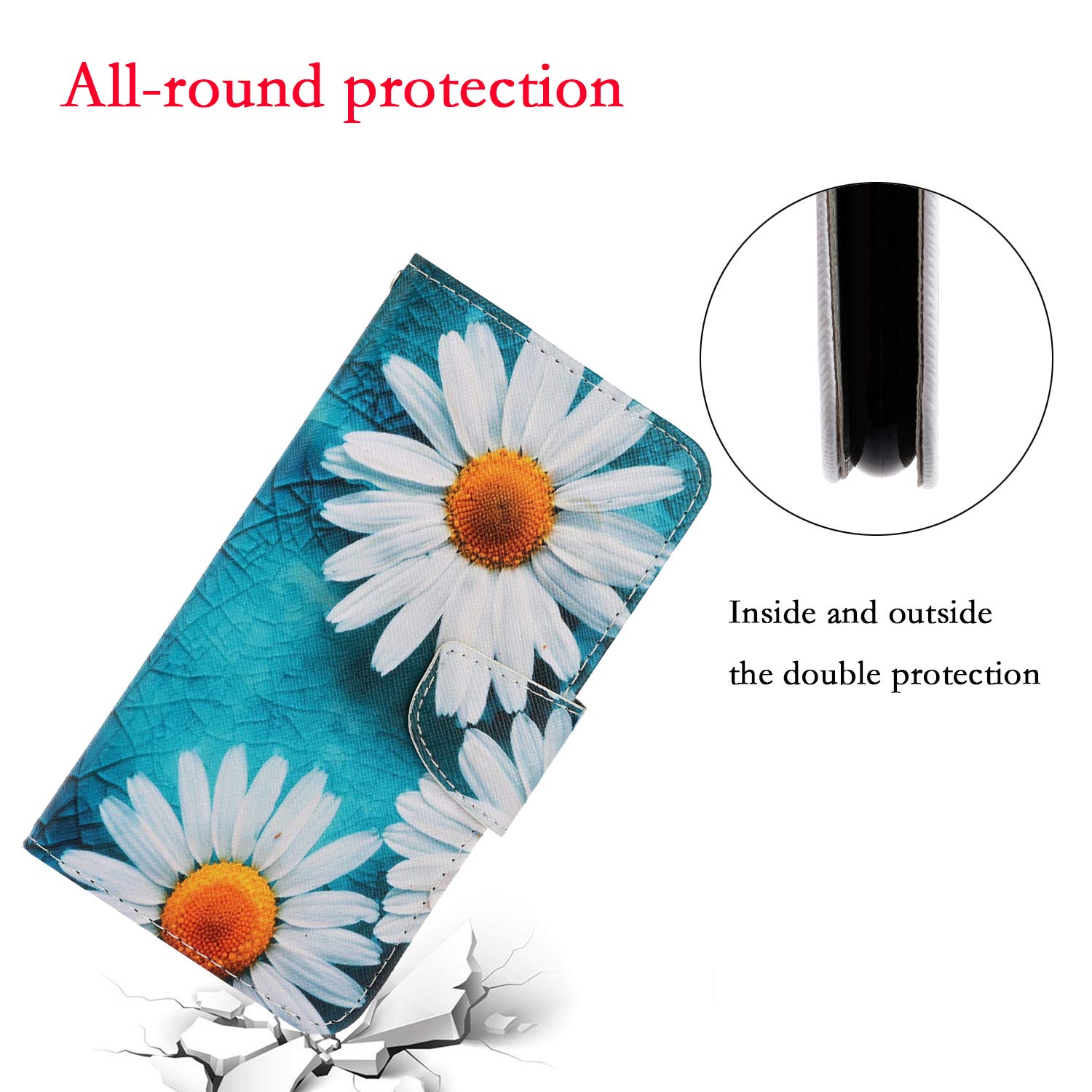 Samsung Galaxy A53 Wallet Case - PU Leather Folio Flip Cover with Credit Card Slots & Kickstand | Magnetic Protection | Daisy Flower Design | Perfect for Work, Travel & Everyday Use