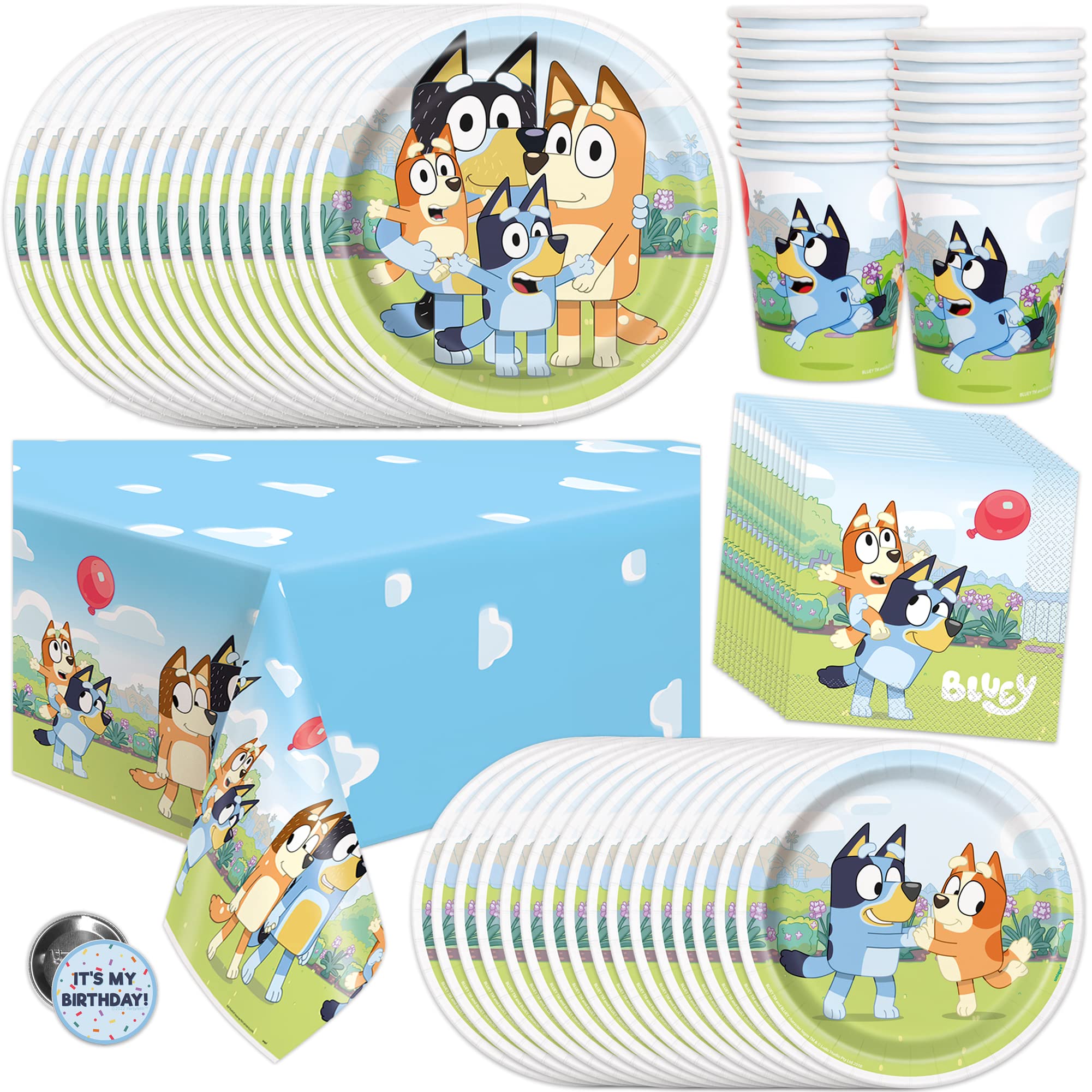 Bluey Birthday Party Supplies Set - Bluey Themed Table Cover, Plates, Cups, Napkins & Buttons for Kids Birthday Decorations | Perfect for Bluey Themed Parties, Baby Showers & Family Gatherings