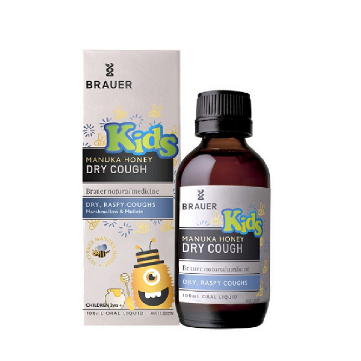 Brauer Kids Manuka Honey Dry Cough Relief Liquid - Natural Soothing Syrup for Children's Cough & Sore Throat - Day & Night Comfort for Toddlers & Kids