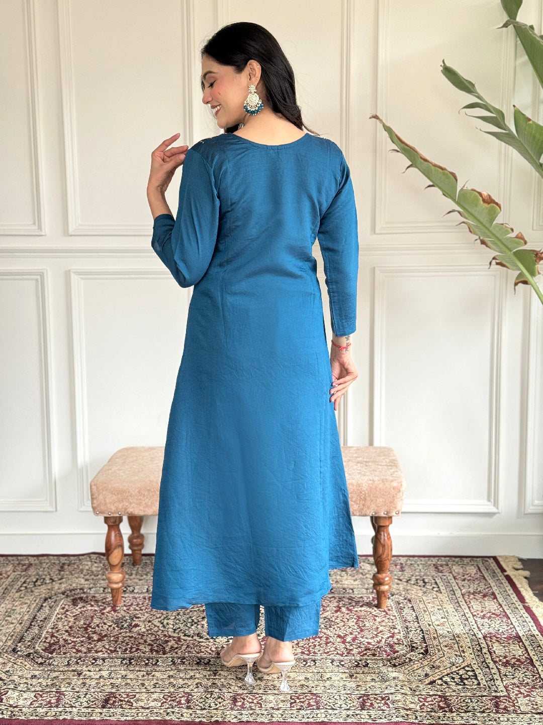 Blue Designer Ready-Made Pants with Printed Embroidery Work - Stylish Women's Fashion for Casual Wear & Office Outfits
