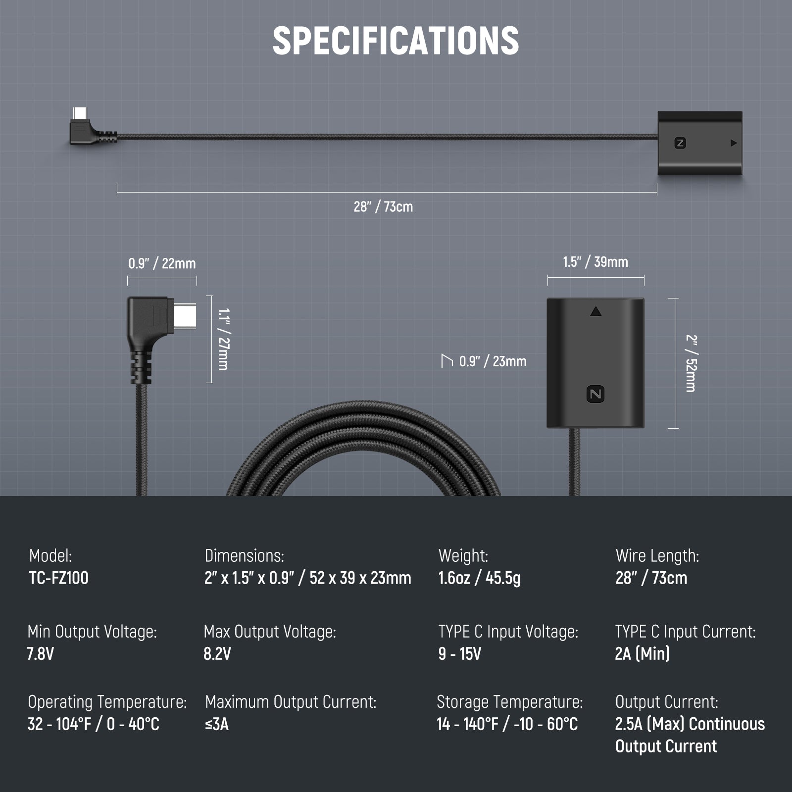NEEWER TC FZ100 USB-C to NP-FZ100 Dummy Battery 8.2V Output - Power Adapter for Sony Cameras, Perfect for Outdoor Photography & Continuous Shooting