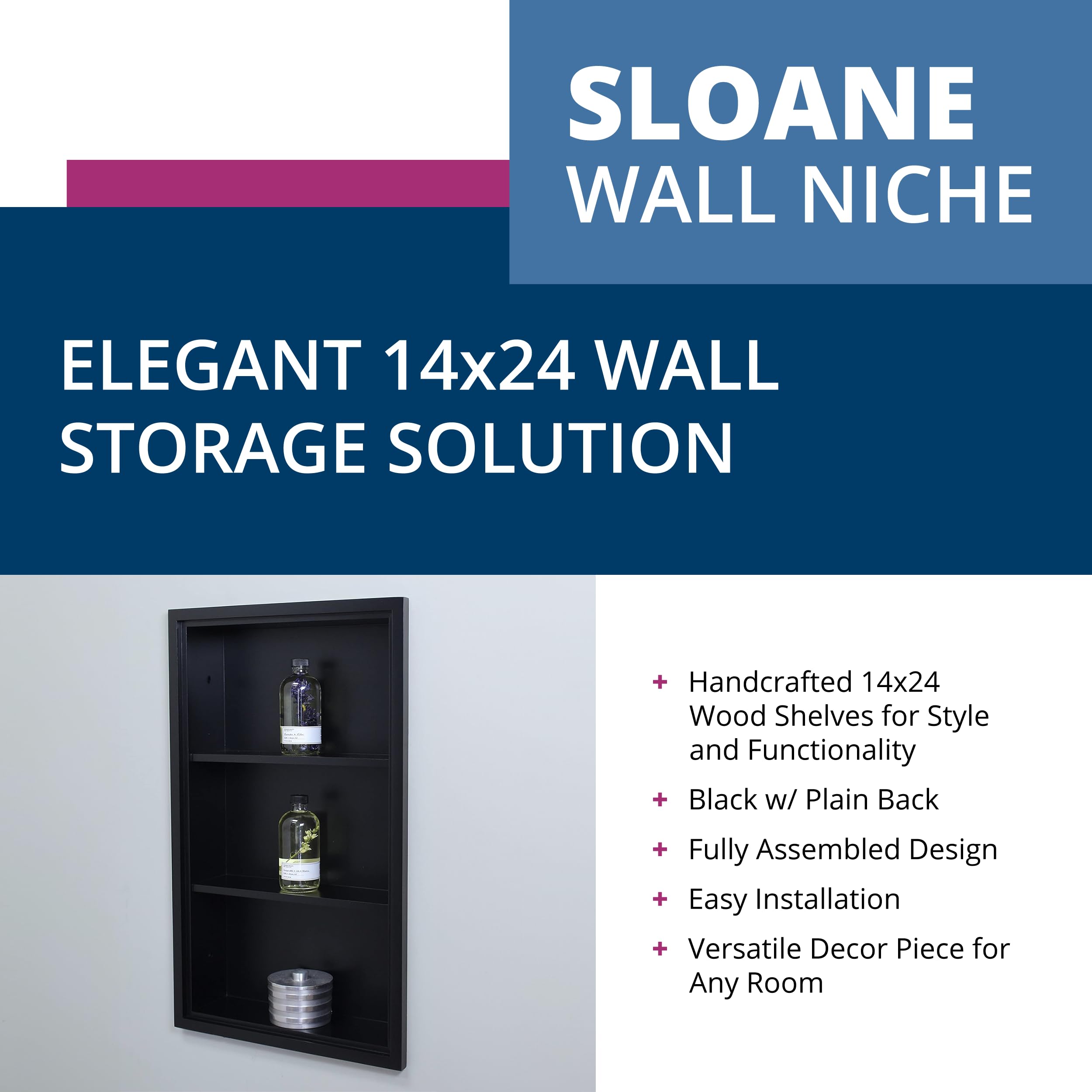 14x24 Sloane Recessed Wall Niche Medicine Cabinet - Solid Wood Bathroom Storage Shelf Insert (No MDF) - Made in North America - Dark Brown Plain Back - Perfect for Bathroom Organization & Modern Home Decor
