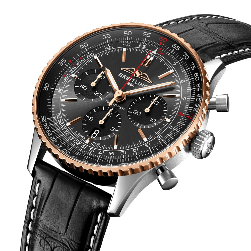 Breitling Navitimer B01 Chronograph Limited Edition - 43mm Steel & 18k Red Gold Watch with Black Leather Strap - Perfect for Aviation Enthusiasts & Luxury Collectors