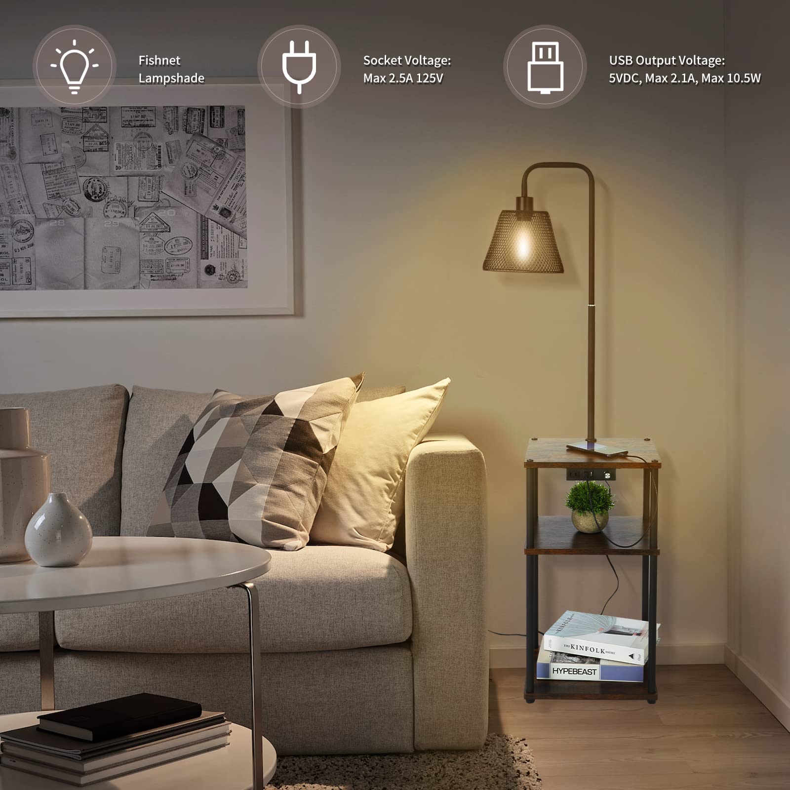 Modern Floor Lamp with Side Table - USB Charging Port & Outlet, Adjustable Bedside Nightstand End Table with Built-in Light for Living Room, Bedroom, Guest Room - Includes LED Bulbs (2 Pack) - Perfect for Reading, Working & Charging Devices