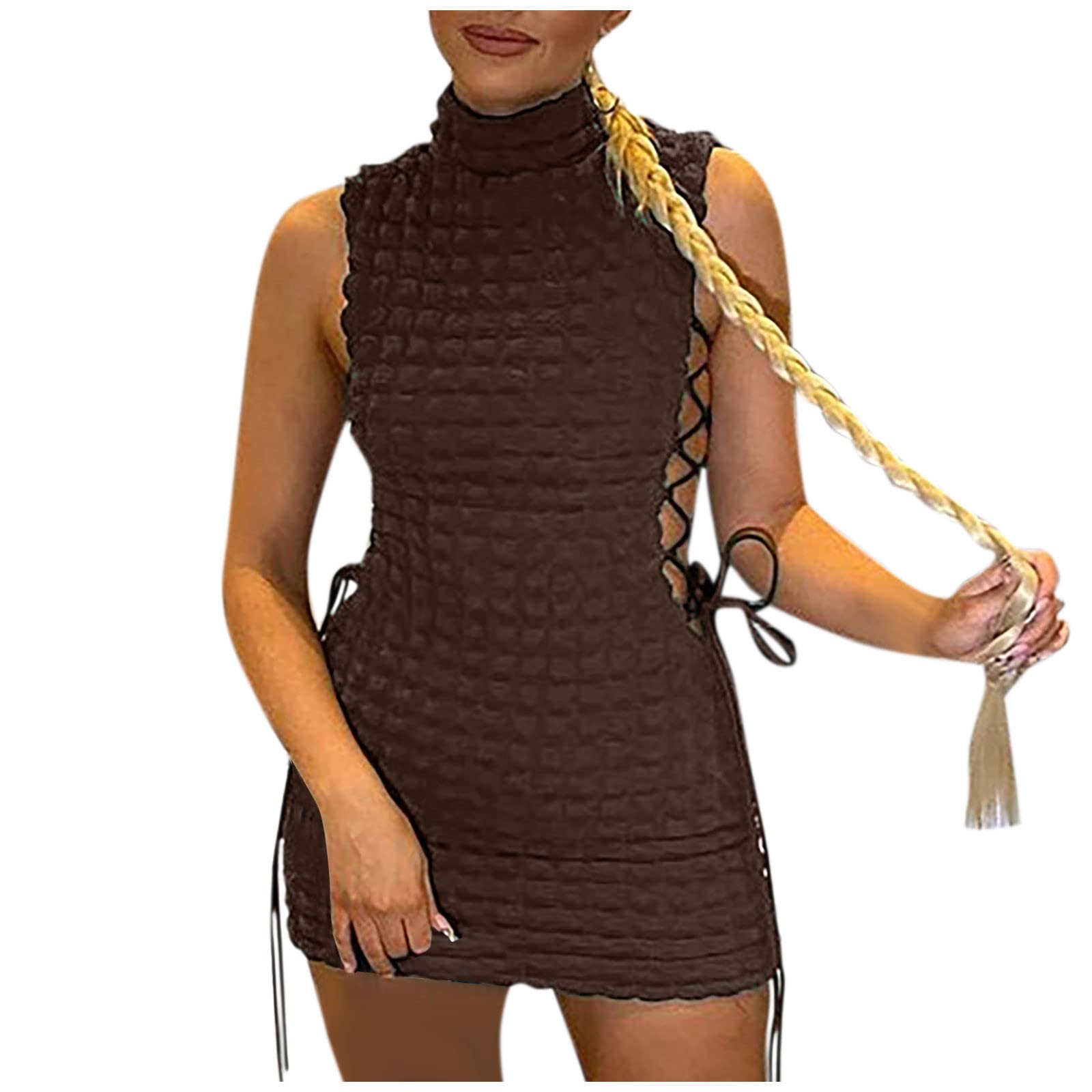 HAOREEKZ Women's Sexy Bandage Wrap Dress - Stand Collar Solid Color Splicing Sleeveless Hip Dress | Perfect for Date Night, Cocktail Parties & Summer Vacations