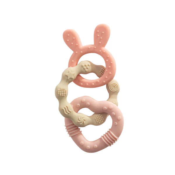Soft Silicone Bunny Teether Rings for Babies - BPA-Free, Soothing Pink Chew Toy for Teething Infants - Perfect for On-the-Go, Playtime & Nursery Use