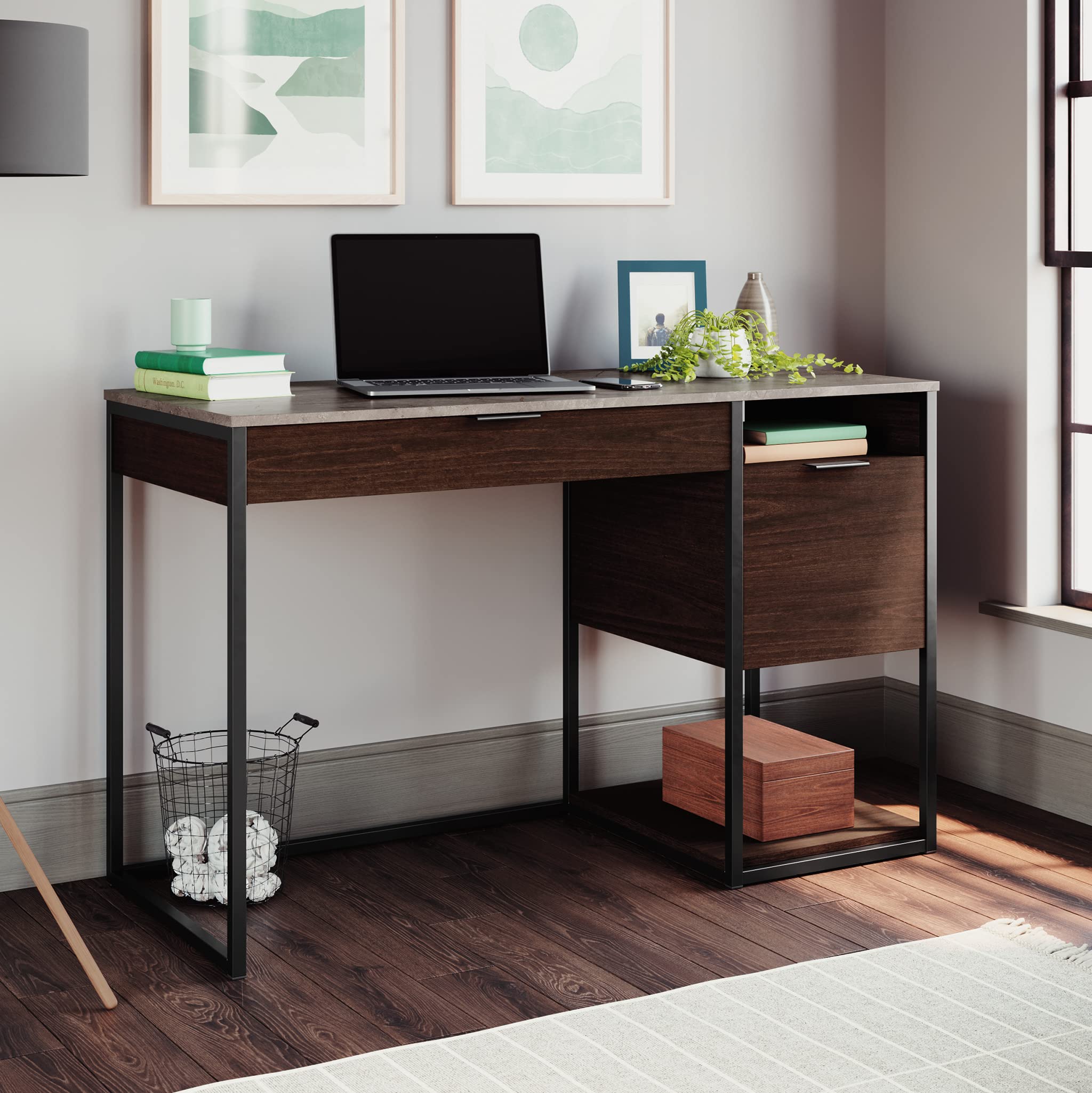 Sauder International Lux Single Pedestal Home Office Desk - Modern Umber Wood Finish for Study, Work from Home & Small Office Spaces