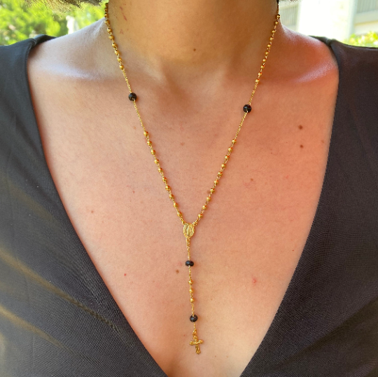 18K Gold Filled Rosary Necklace - Our Mother of Grace Medallion & Crucifix Pendant - Religious Jewelry for Prayer, Devotion & Catholic Gifts
