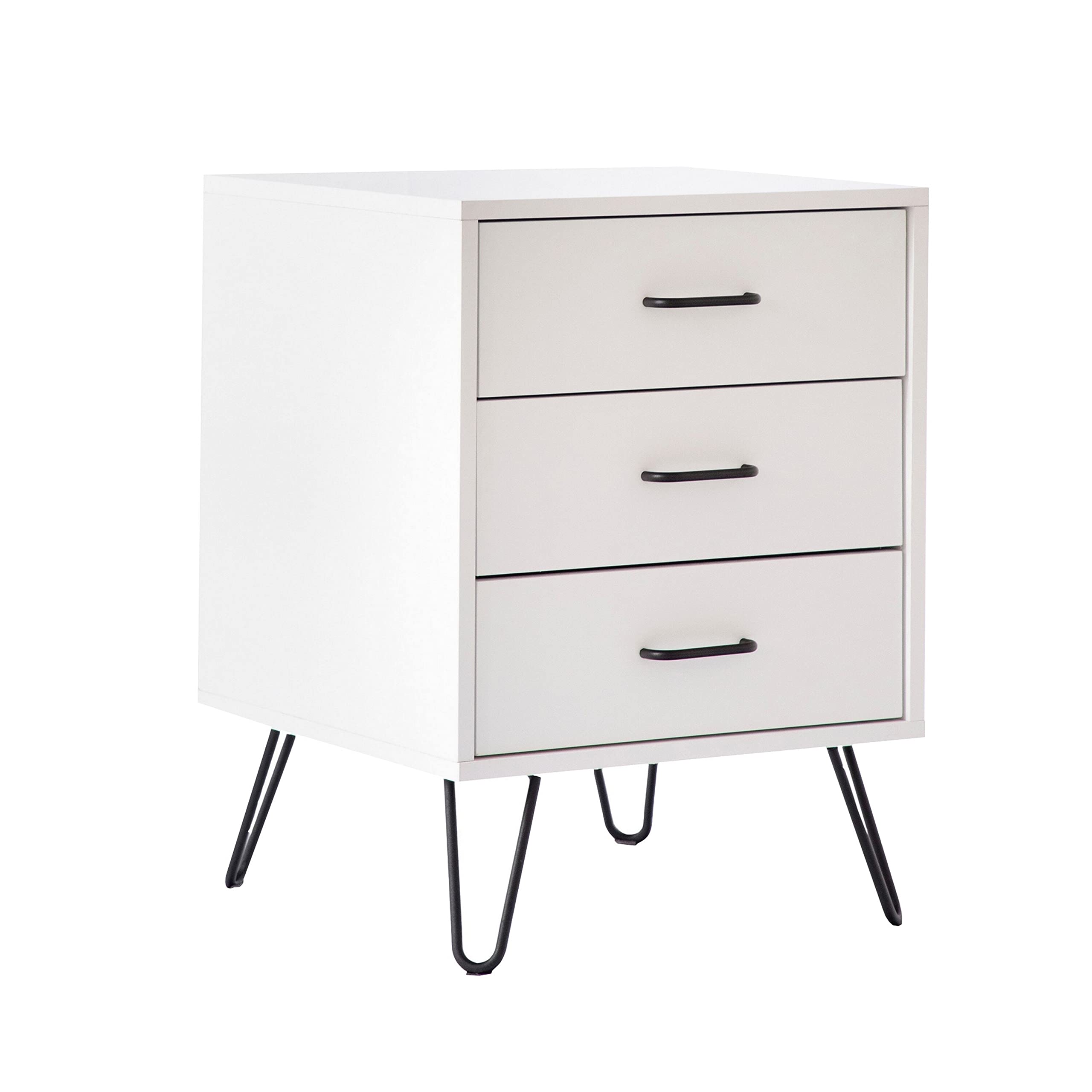 Modern White Side Table with 3 Drawers & Hairpin Metal Legs - Contemporary Rectangular Wood Nightstand with Natural Finish - Perfect for Living Room, Bedroom or Office Decor
