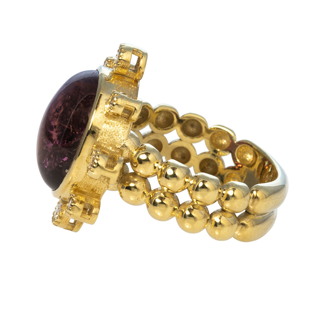 14K Yellow Gold Pink Tourmaline & Diamond Cabochon Ring - Elegant Jewelry for Women, Perfect for Weddings, Anniversaries & Special Occasions