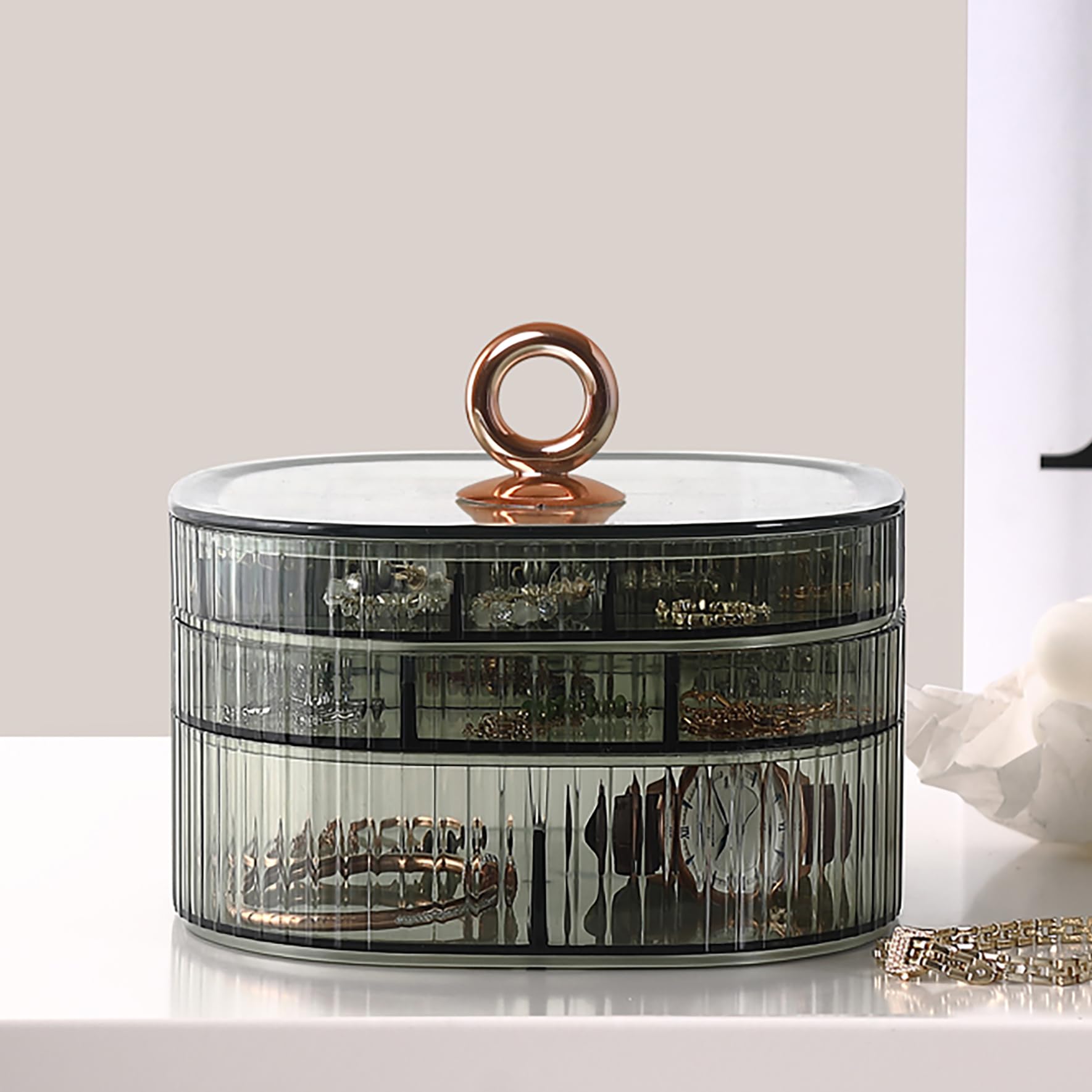 3-Layer Clear Acrylic Jewelry Organizer Box with Handle - Women's Jewelry Storage & Makeup Organizer for Necklaces, Rings, Earrings - Perfect for Travel, Bedroom Vanity & Gift Giving (Green)