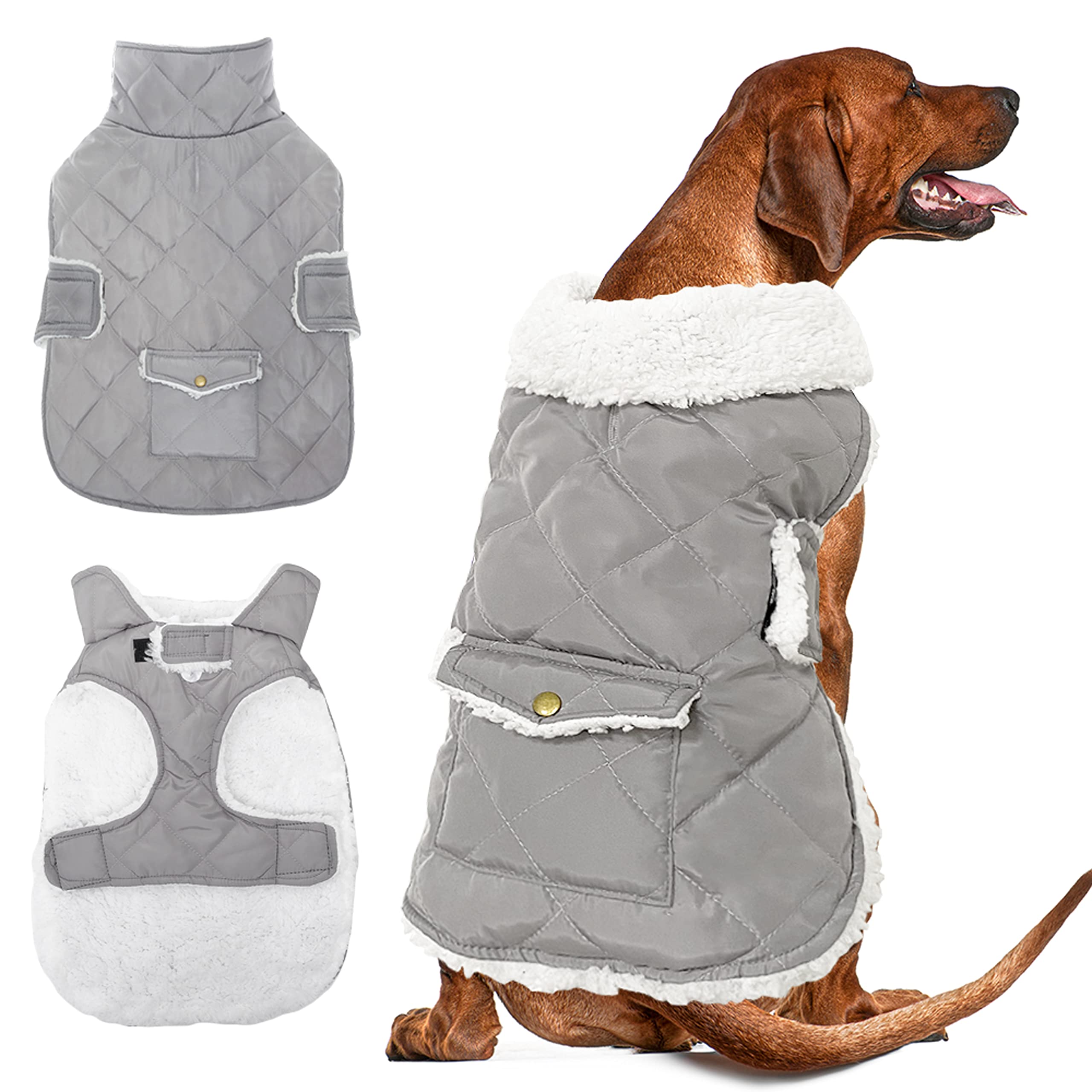 **Windproof Fleece Dog Winter Coat - Warm Thick Dog Jacket for Snow, Rain & Cold Weather - Gray Dog Vest for Small, Medium & Large Dogs - Indoor & Outdoor Use (S-XXL) - Perfect for Winter Walks & Outdoor Adventures**