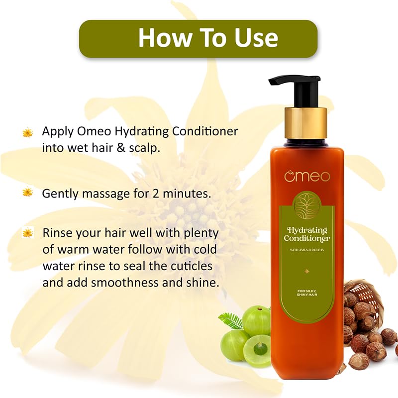 Omeo Hydrating Conditioner with Natural Reetha & Amla Extracts | Cleansing, Strengthening & Nourishing Hair Treatment | Reduces Combing Damage for Men & Women - 100ml | Perfect for Daily Hair Care & Damaged Hair Repair
