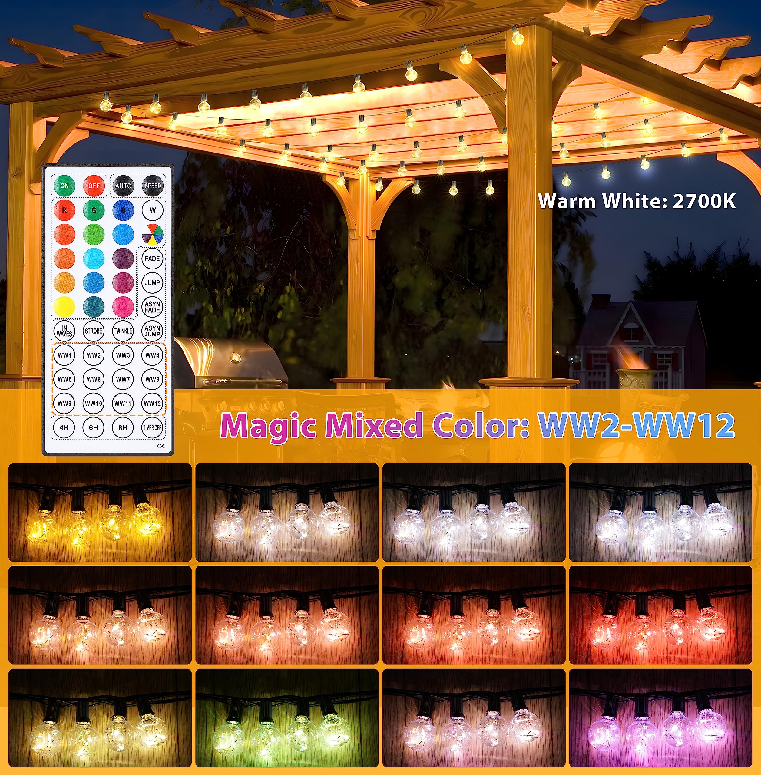 OMIKA 33Ft LED Outdoor String Lights - Waterproof G40 Patio Lights with 30+2 Bulbs (Warm White & RGB), Connectable Hanging Lights with Remote & Timer - Perfect for Garden, Porch, Yard, Party, Wedding Decorations