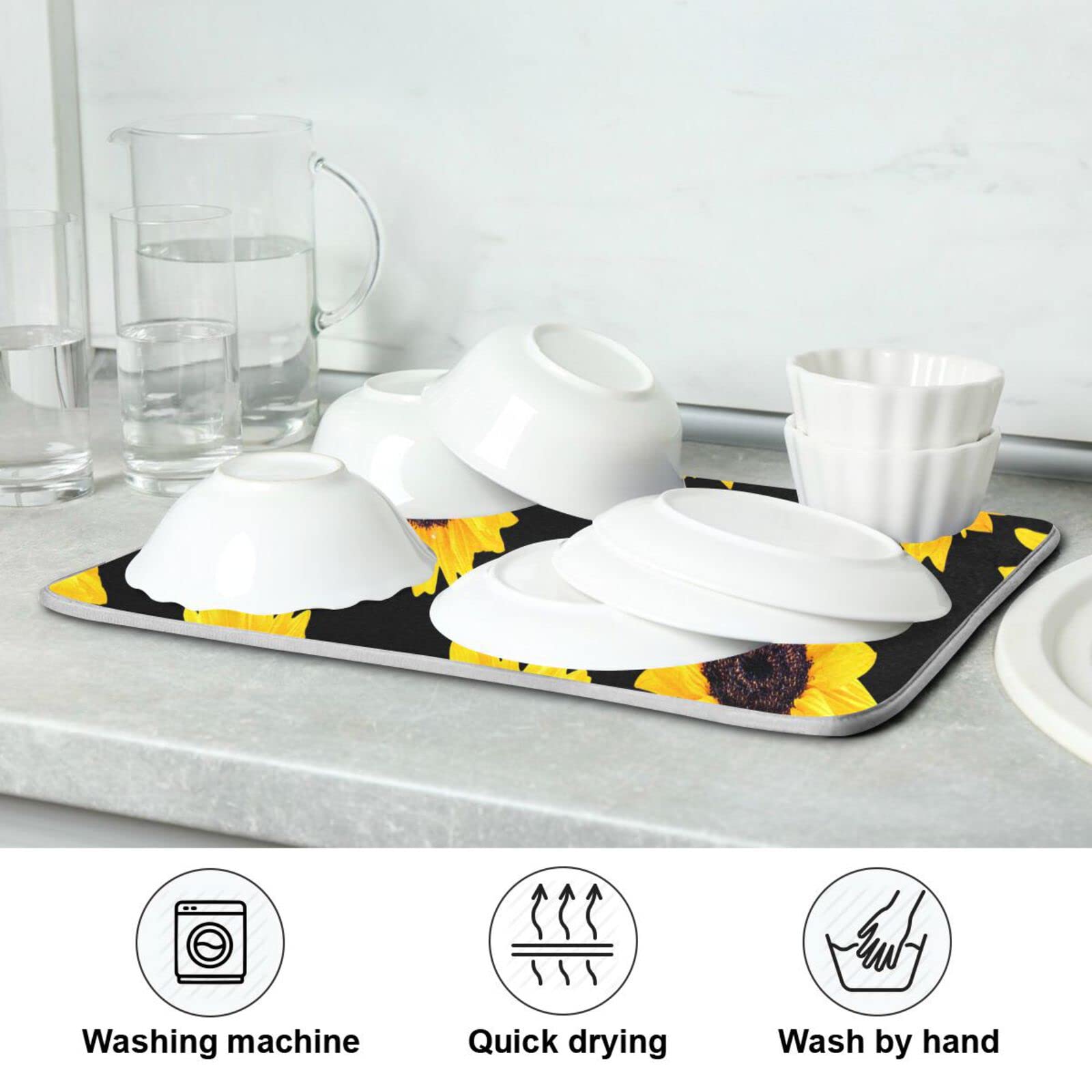 Sunflower Printed Microfiber Dish Drying Mat - 18x24 Inch Absorbent Kitchen Countertop Drainer - Perfect for Drying Dishes, Utensils & Cookware - Ideal for Kitchen Counter, Sink Area & Dish Rack Use