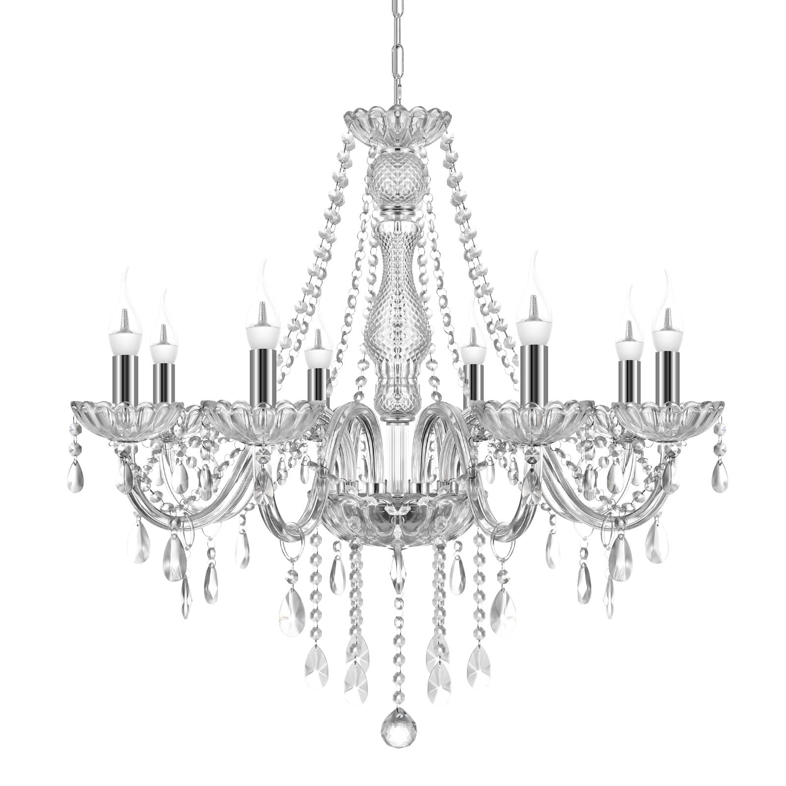Samger Vintage 8-Light Crystal Chandelier - Adjustable Chain, Clear Glass Flush Mount Ceiling Pendant Light Fixture with E12 Candle Bulbs - Perfect for Bedroom, Living Room, Dining Room & Foyer Lighting Decor