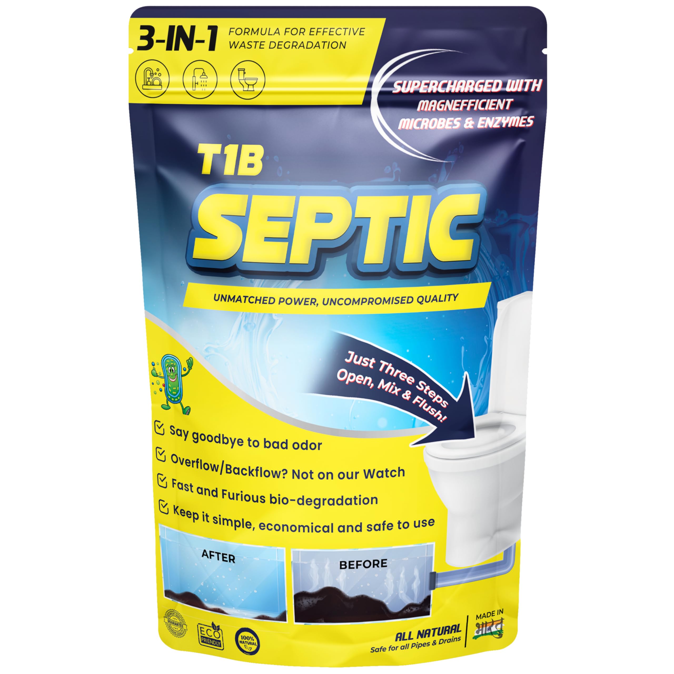 T1B Septic Tank Cleaner - 3-in-1 Formula for Kitchen, Bathroom & Toilet Waste Degradation | Reduces Sludge & Eliminates Odors | Septic Safe Bacteria Prevents Backflow & Overflow | 250g Pack (1 Count) | Ideal for Home, RV & Camping Septic Systems