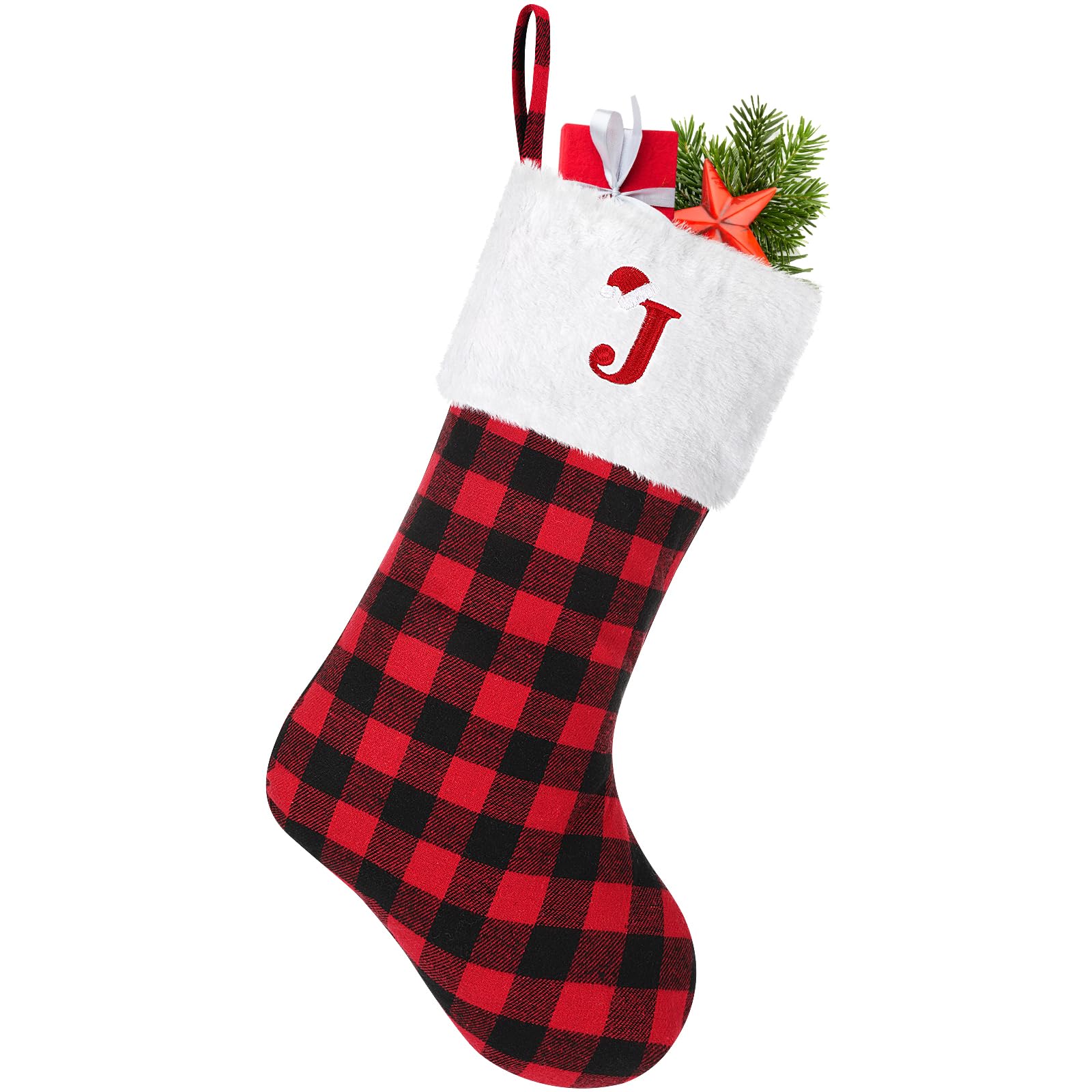 20 Inches Large Personalized Monogram Christmas Stocking - Red Black Buffalo Plaid with Embroidered Letters - Holiday Fireplace Decor for Xmas - Perfect for Family Gifts, Mantel Decoration & Festive Home Decor (Initial J)
