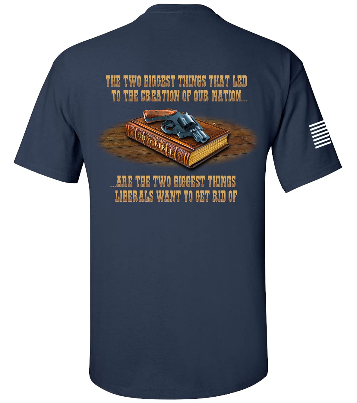 Patriot Pride Collection: American Flag Gun & Holy Bible Graphic T-Shirt for Men | Short Sleeve Casual Tee | Perfect for 4th of July, Veterans Day & Patriotic Events