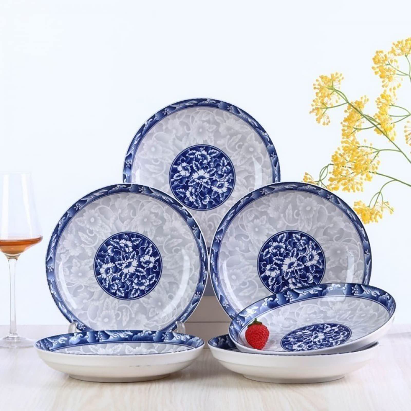 8-inch Porcelain Dinner Plates Set of 6 - Blue and White Ceramic Dishes for Dessert, Salad, Pasta, Bread, Appetizer & Snack | Elegant Round Dinnerware for Restaurants, Home Dining & Party Serving