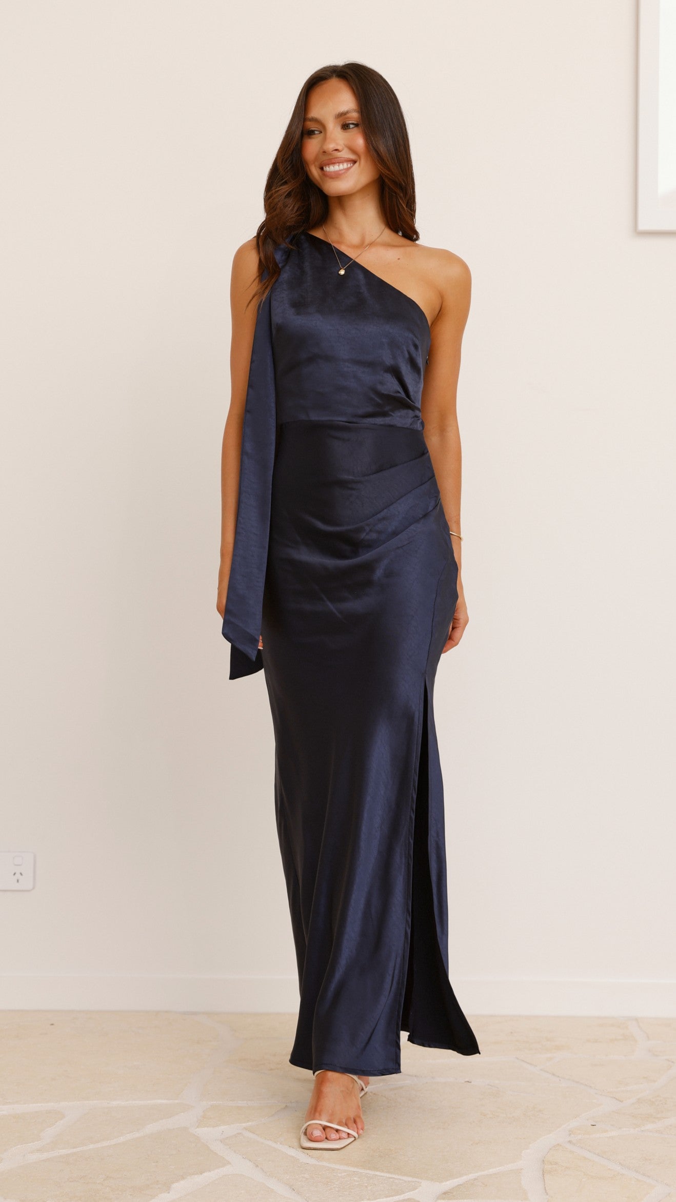 Elegant Halle One Shoulder Maxi Dress in Navy Blue - Perfect for Beach Weddings, Evening Parties & Summer Vacations