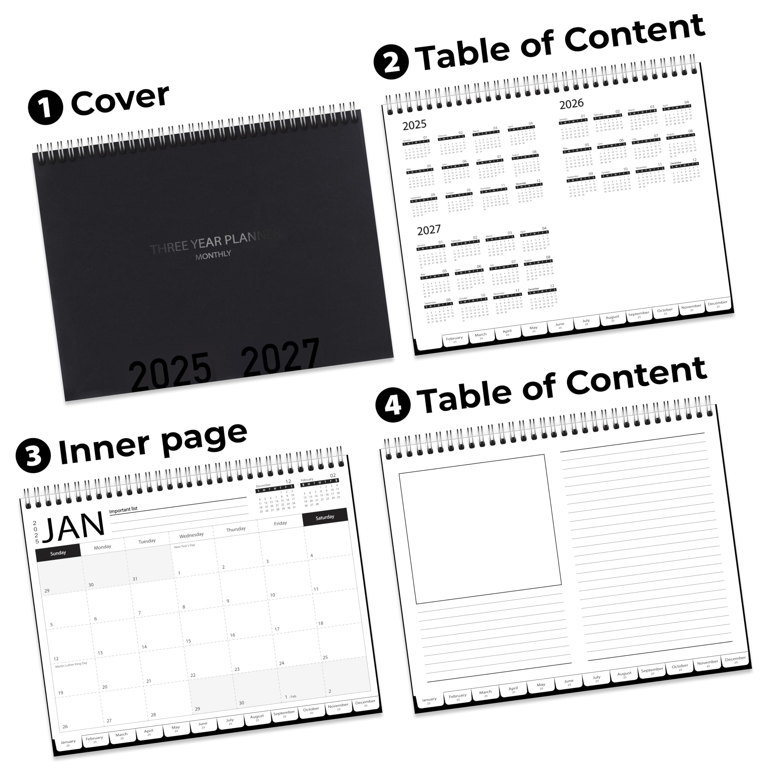 2025-2027 3-Year Monthly Planner Calendar - Spiral Bound Organizer with Tabs, 8.5 x 11 Inches, Black - Perfect for Office, School, Home & Gift Giving