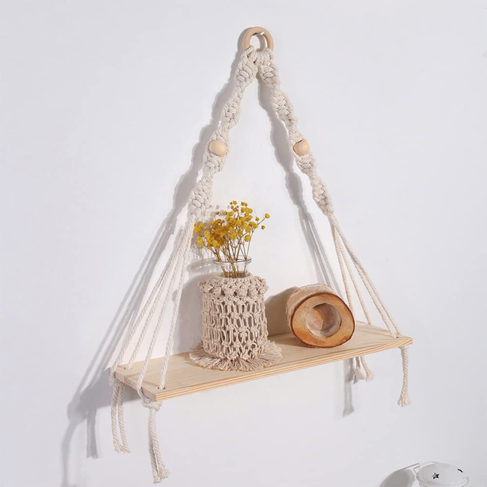 TEQIN Wooden Wall Hanging Shelves with Macrame Rope - Triangle Floating Shelf for Farmhouse & Boho Decor - Perfect for Plants, Bathroom, Living Room & Bedroom Corner Decor