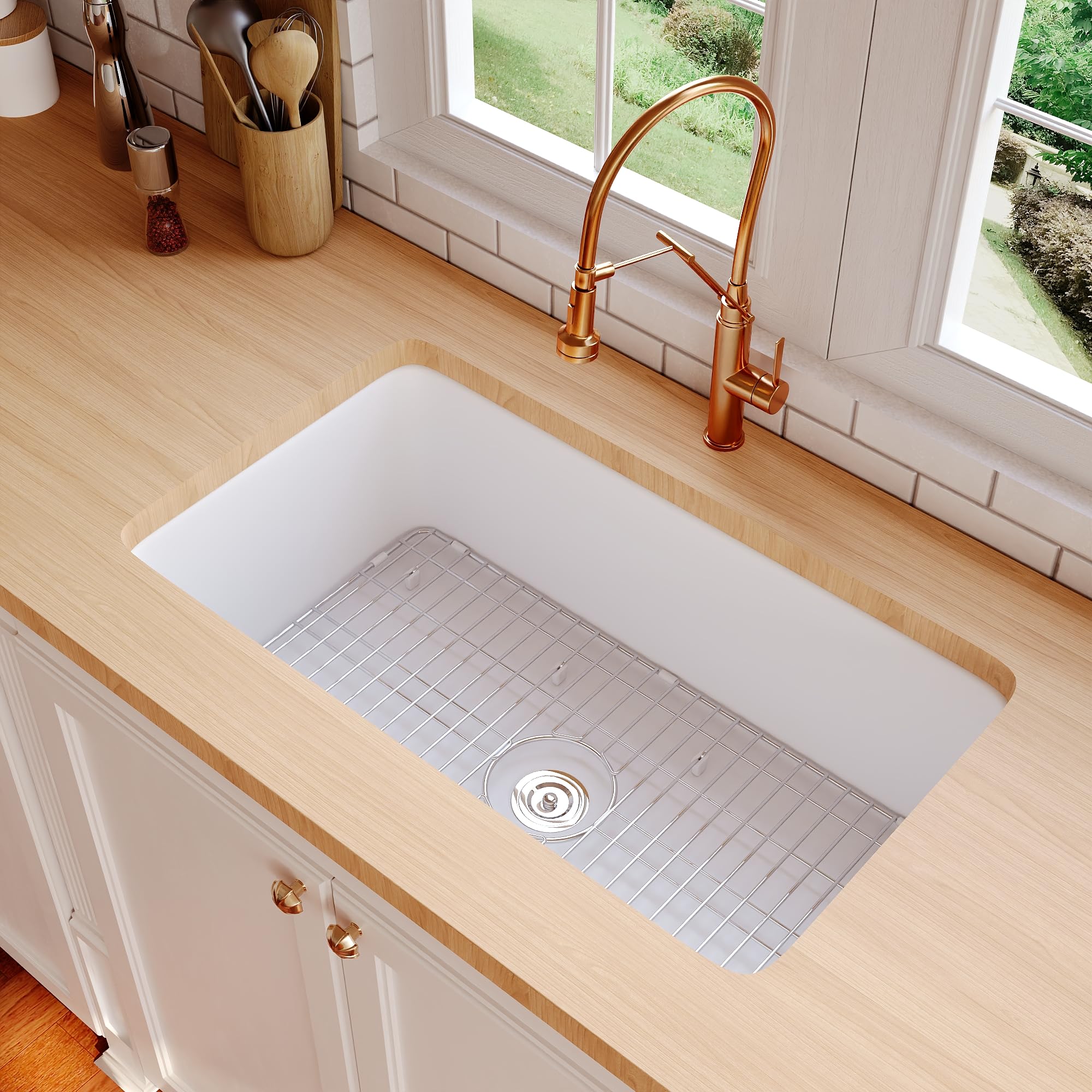 DeerValley Fireclay White Undermount Kitchen Sink - 32 x 19 Inch Single Bowl Farmhouse Sink with Grid & Basket Strainer - Perfect for Modern Farmhouse, Rustic, and Traditional Kitchen Designs