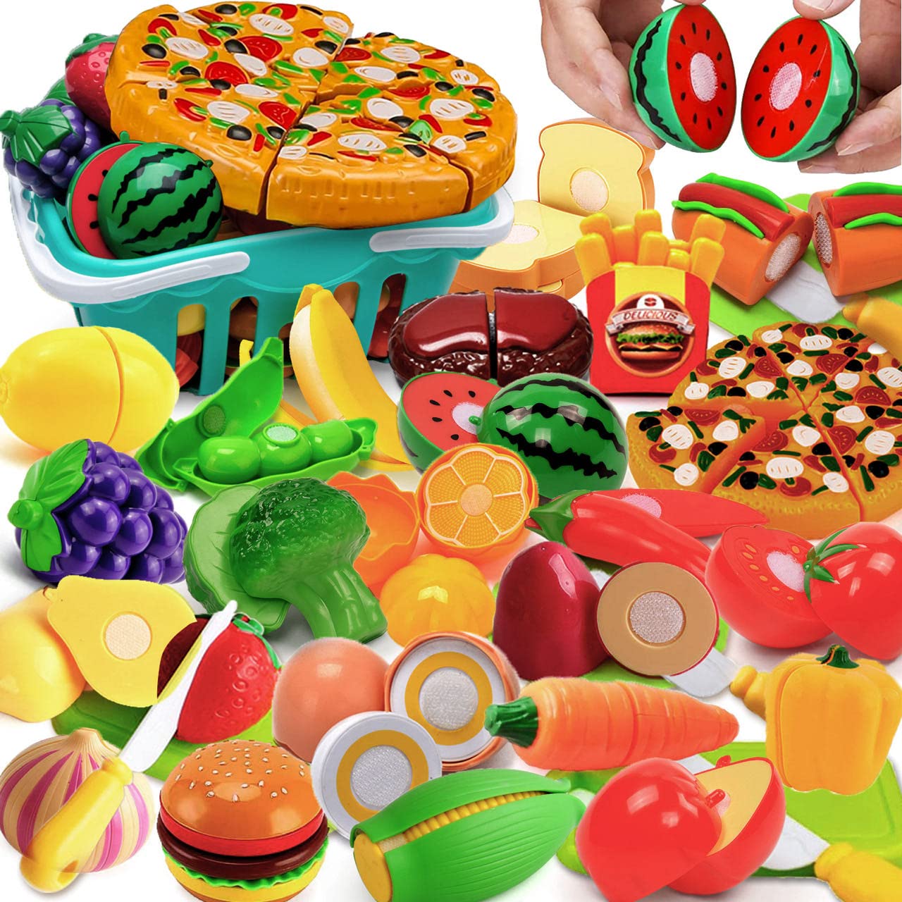 75-Piece Pretend Play Food Set for Kids - Plastic Fruits & Vegetables Toys with Storage Basket - Educational Toddler Toys for Christmas Gifts | Kitchen Role Play, Learning Colors & Shapes, Preschool Activities