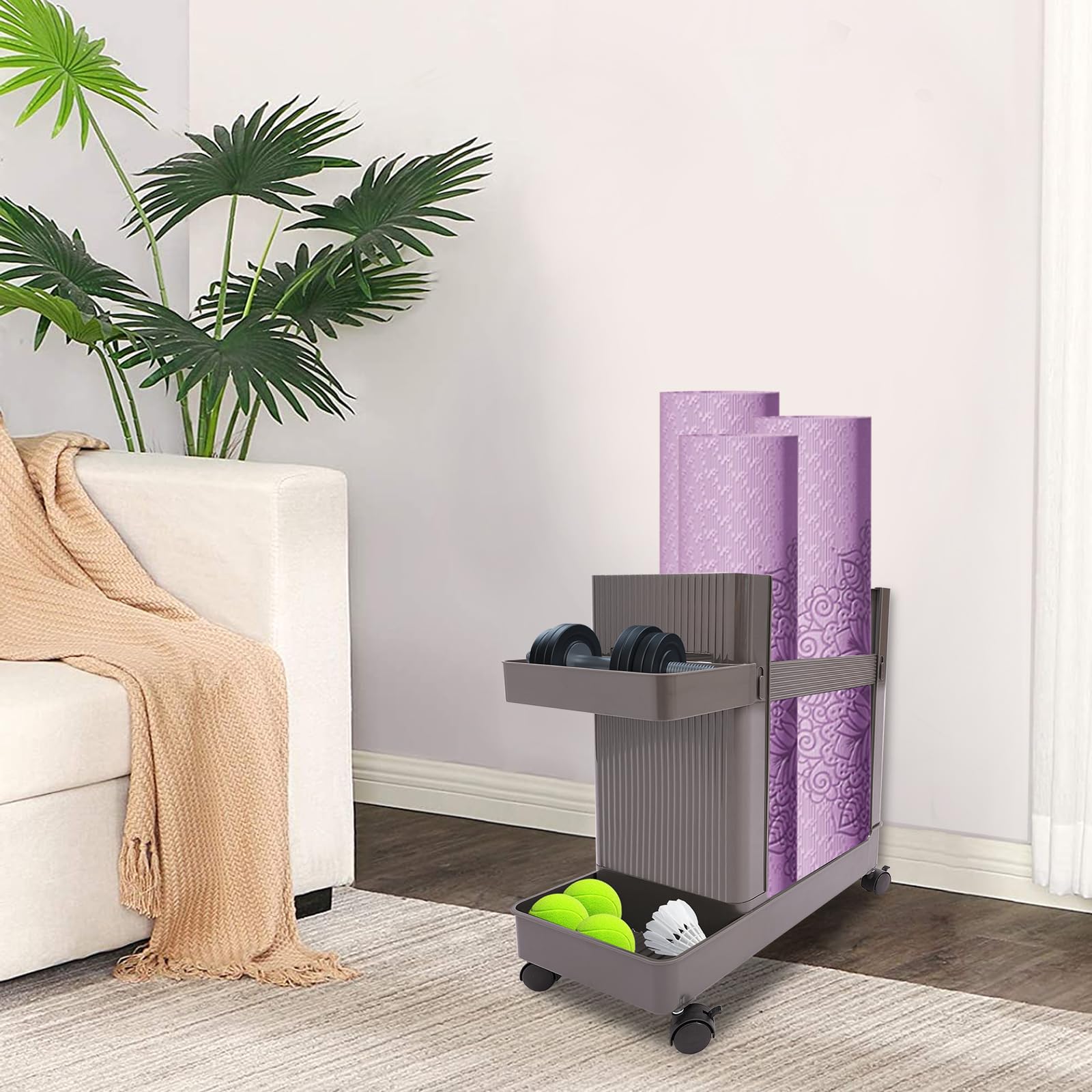 Multifunctional Home Gym Storage Rack with Wheels - ABS Workout Equipment Organizer for Yoga Mats, Dumbbells & Gym Accessories - Perfect for Small Spaces & Home Workout Organization