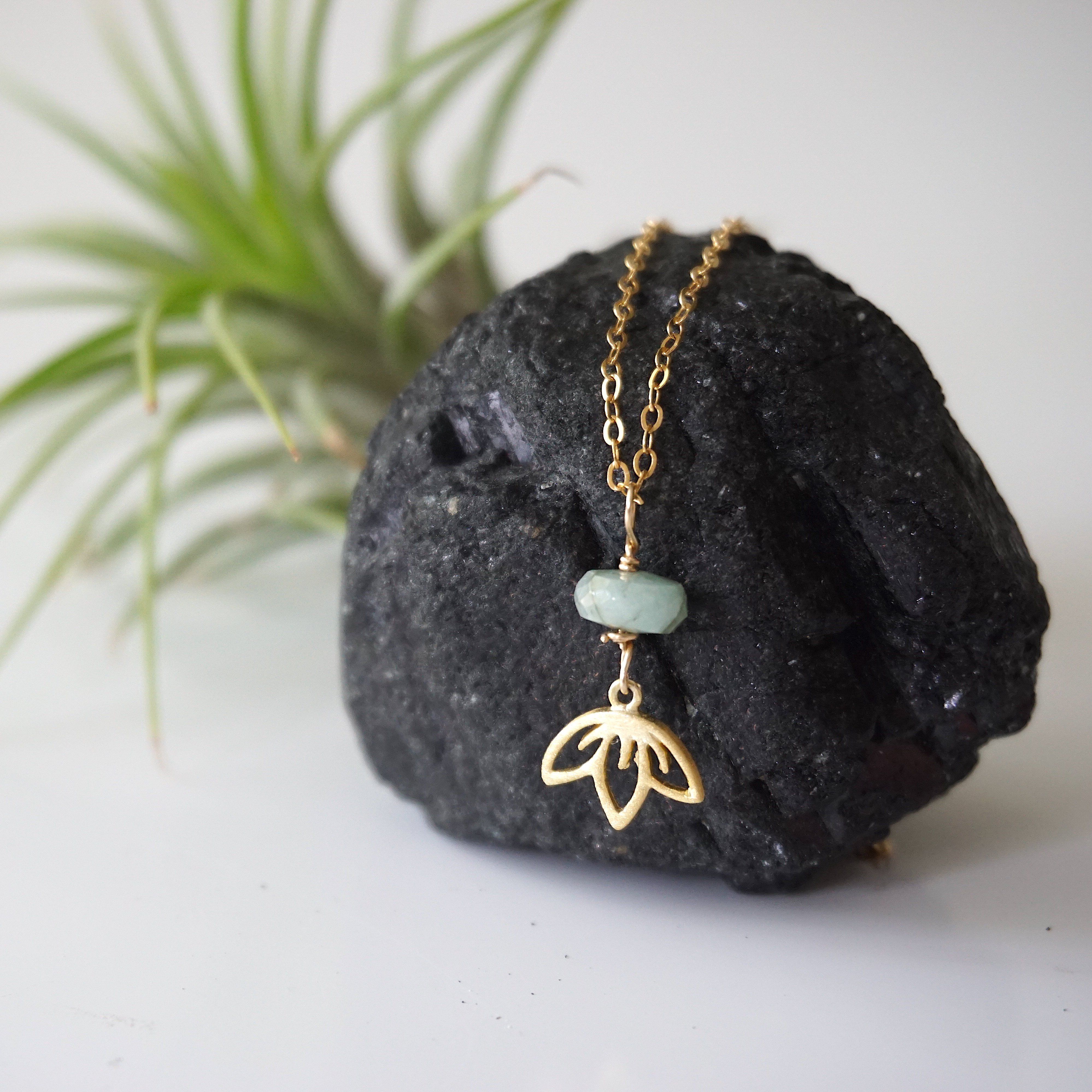14K Gold Filled Emerald Bead Lotus Charm Necklace for Women - Elegant Jewelry Gift for Birthday, Anniversary & Special Occasions