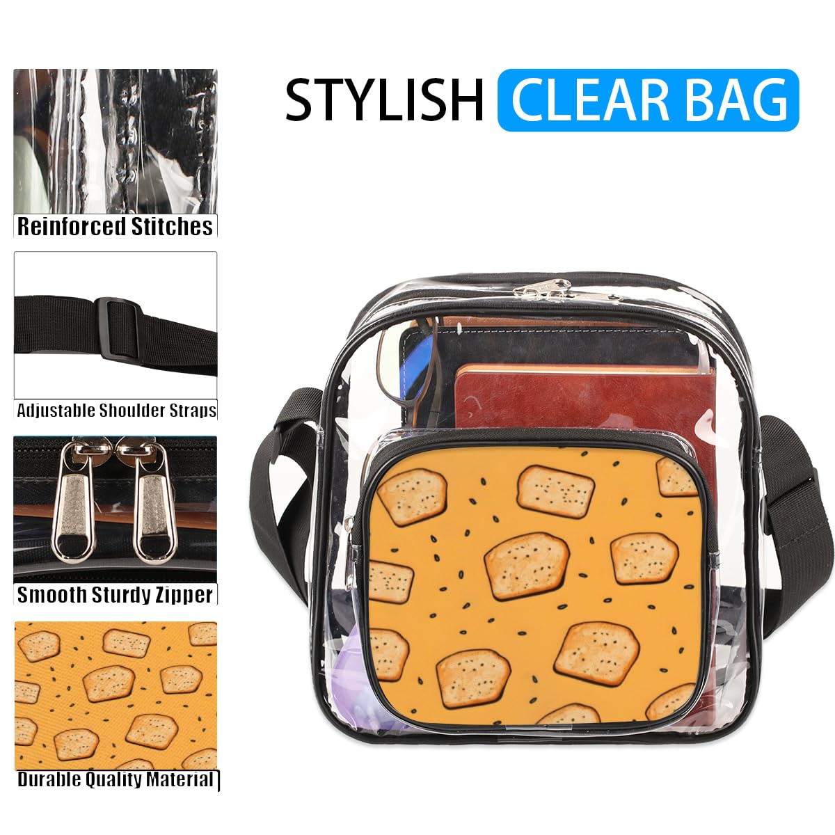 Mularoka Clear Crossbody Purse - Yellow Bread Themed Stadium Approved Transparent Bag for Women & Men | Perfect for Festivals, Sports Events, Concerts & Theme Parties | Food Inspired Fashion Accessory