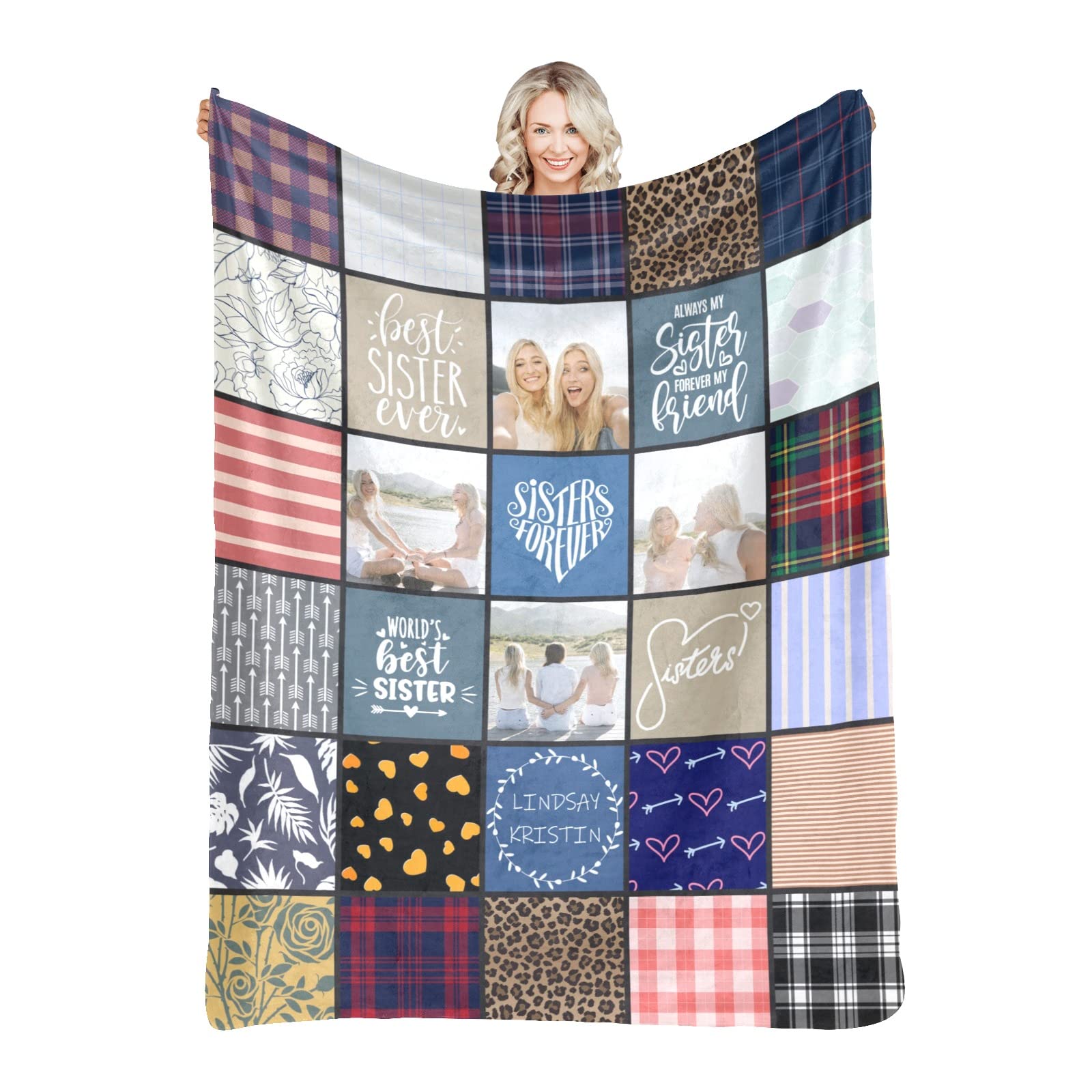 Custom Sister Photo Blanket with Name - Personalized Sherpa Fleece Blanket (50x60 inches) - Heartwarming Birthday Gift for Sister, Best Friend & Family - Perfect for Christmas, Anniversaries & Cozy Nights