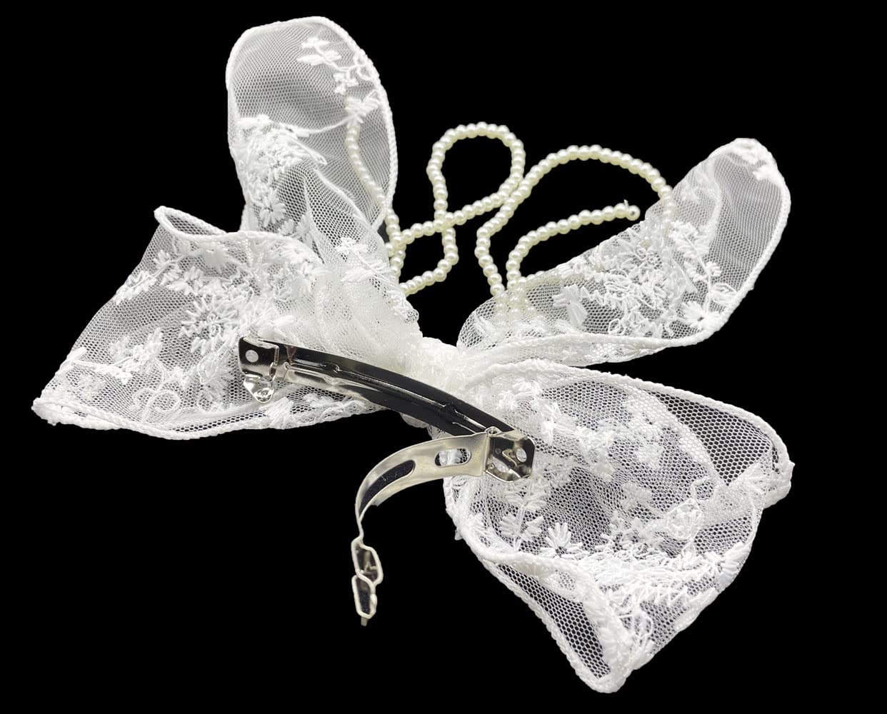 3-Piece Lace Bow Pearl Chain Hair Clips - Flower Embroidery Non-Slip Barrettes for Women & Girls (White/Beige/Black) | Perfect for Weddings, Parties & Everyday Hair Accessories