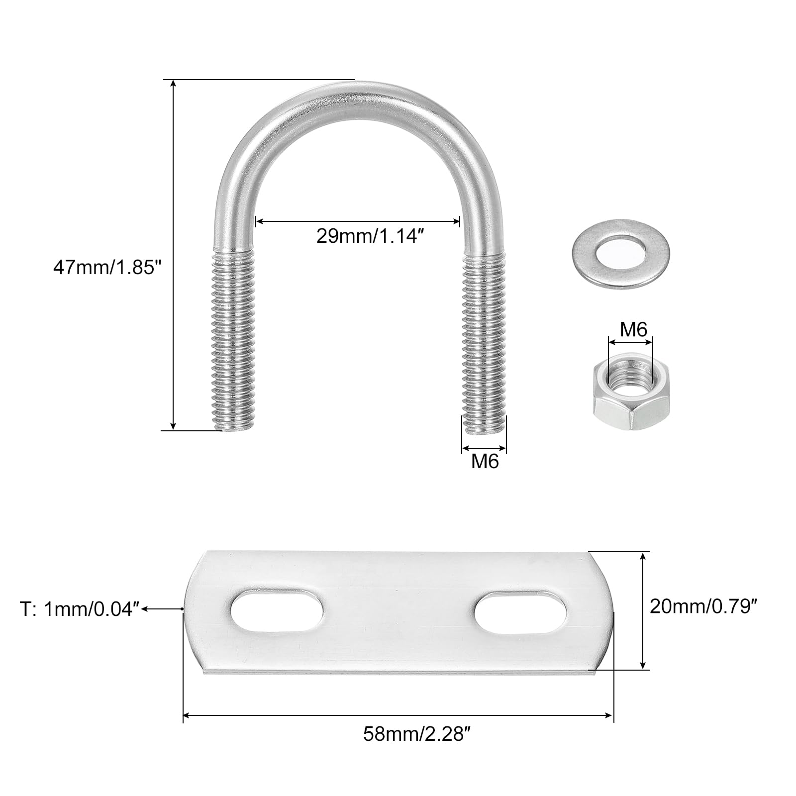 304 Stainless Steel U-Bolts - 8 Sets M6 Round U-Clamp Bolts with Nuts & Plates, 29mm(1.14