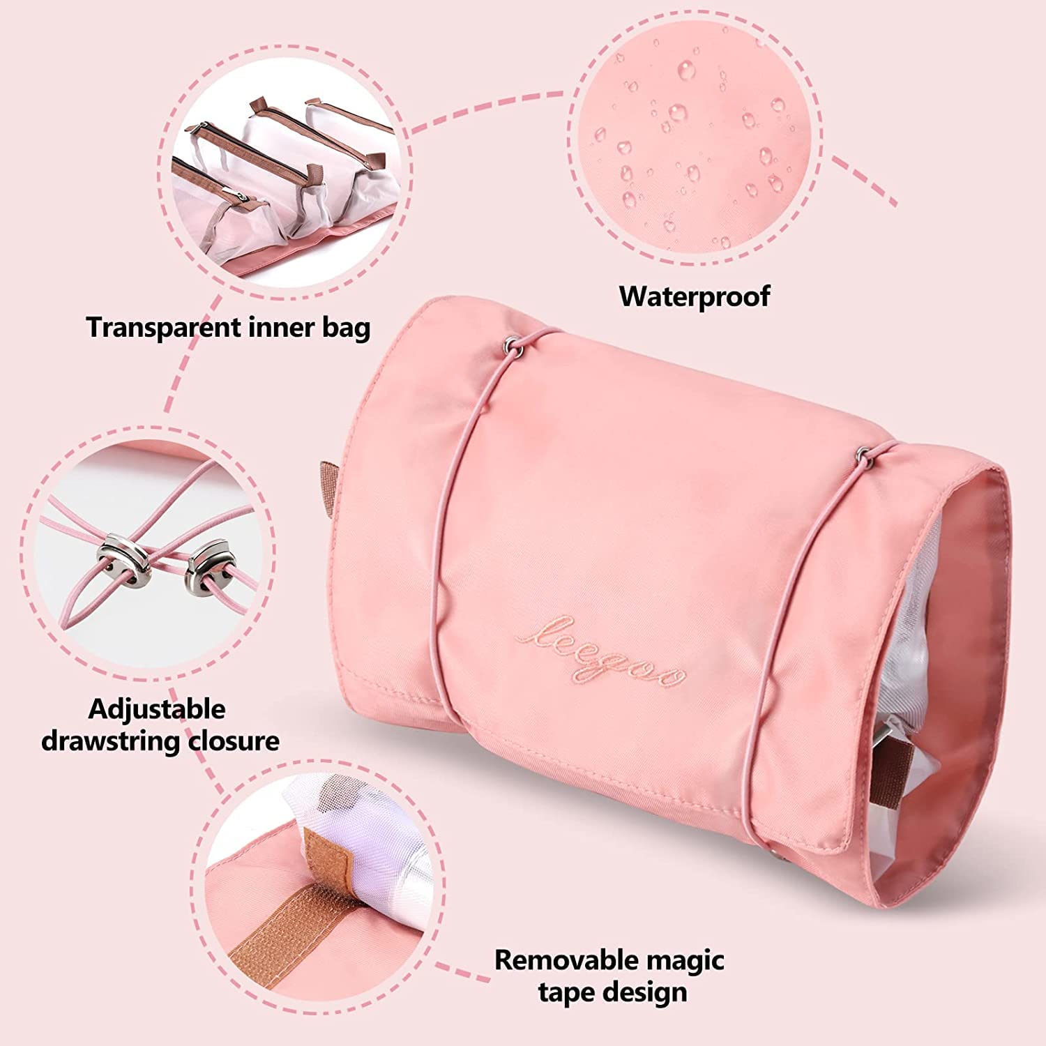 Spellwish 4-in-1 Detachable Hanging Cosmetic Bag - Portable Travel Toiletry Organizer with Separate Compartments, Roll Up Design for Makeup & Bathroom Essentials (Pink) - Perfect for Shower, Gym, Camping & Vacation Packing