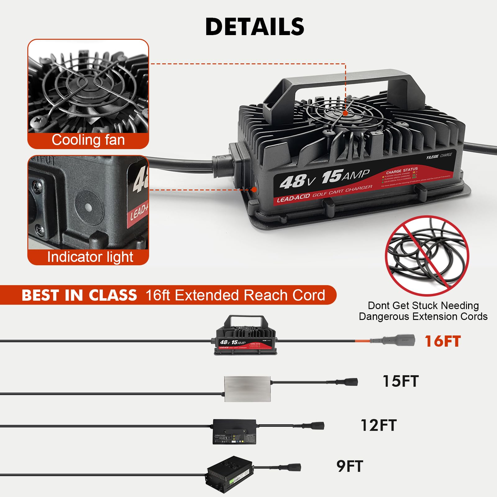48V 15 AMP Golf Cart Charger for Club Car with 3-Pin Round Plug - Lead Acid Battery Charger for Golf Carts, Electric Vehicles & Utility Carts - Perfect for Home, Golf Course & RV Use