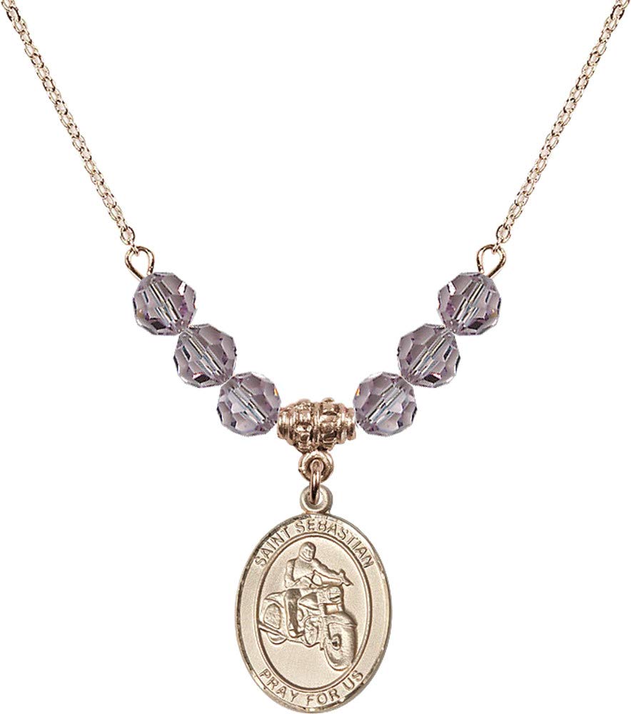 Bonyak 18K Gold Plated Hamilton Necklace with 6mm Light Purple Amethyst Birthstone Beads & Saint Sebastian/Motorcycle Charm - Perfect for February Birthdays, Gifts, and Motorcycle Enthusiasts
