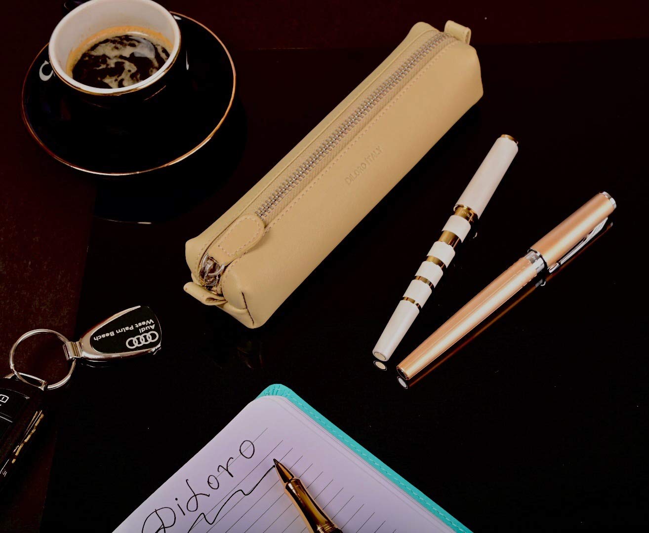 Premium Genuine Full Grain Soft Nappa Leather Pen Case Holder - Zippered Pouch for Fountain, Ballpoint, Rollerball Pens & Pencils (Beige) - Perfect for Office, School, Travel & Gift Giving