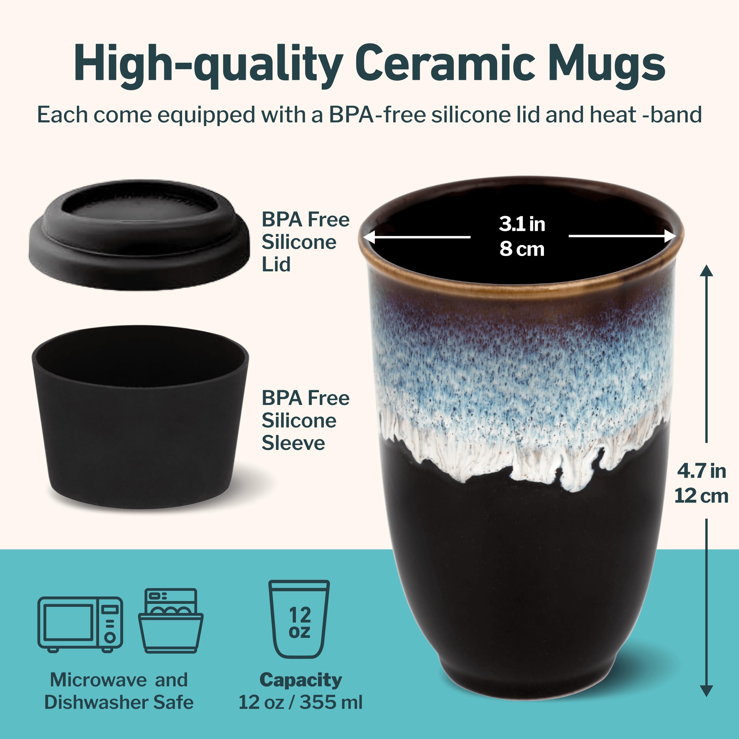 12oz Insulated Travel Coffee Mug - Stainless Steel Microwave & Dishwasher Safe Tumbler with Leak-Proof Lid - Perfect Gift for Women & Men - Ideal for Commuting, Camping and Office Use