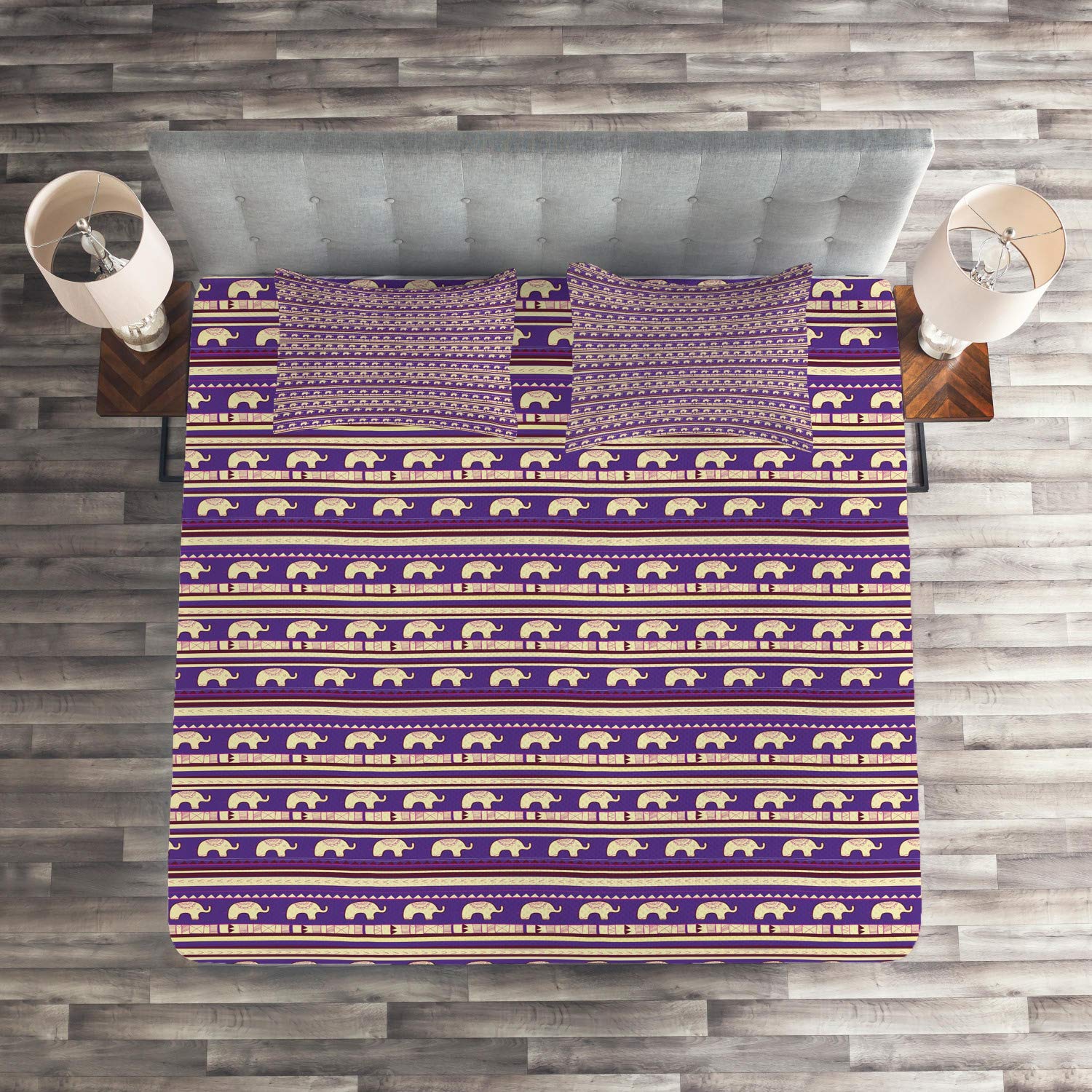Lunarable Elephant Bohemian Tribal Quilted Bedspread Set - King Size 3-Piece Bedding with 2 Pillow Shams, Blue Violet Plum Stripe Design | Perfect for Boho Chic Bedroom Decor, Guest Room Makeover & Cozy Home Styling