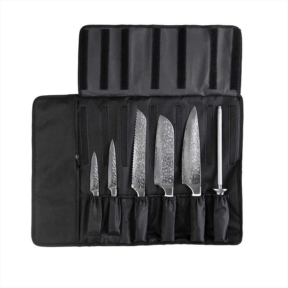 Premium 6-Piece Japanese Damascus Steel Knife Set - 67-Layer VG-10 Super Sharp Kitchen Knives with Teak Handle & Knife Roll Bag - Professional Hammered Chef Knives for Cooking, Slicing, Chopping - Perfect Gift for Home Chefs & Culinary Enthusiasts (Silver Blade)