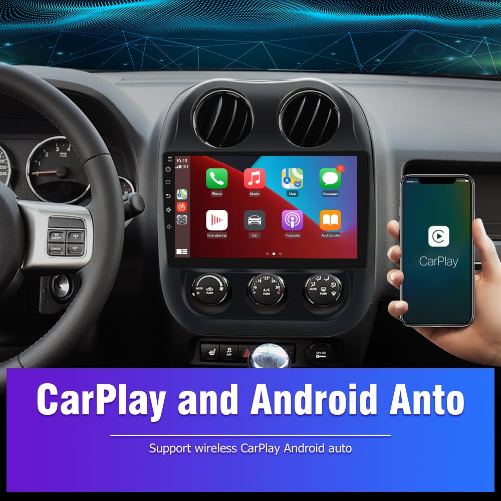 10.1 Inch Android 13 Car Stereo with Wireless CarPlay & Android Auto - 2GB RAM 32GB ROM Bluetooth WiFi GPS for 2010-2016 Jeep Patriot & Compass | SWC Mirror Link | Perfect for Road Trips & Daily Commuting