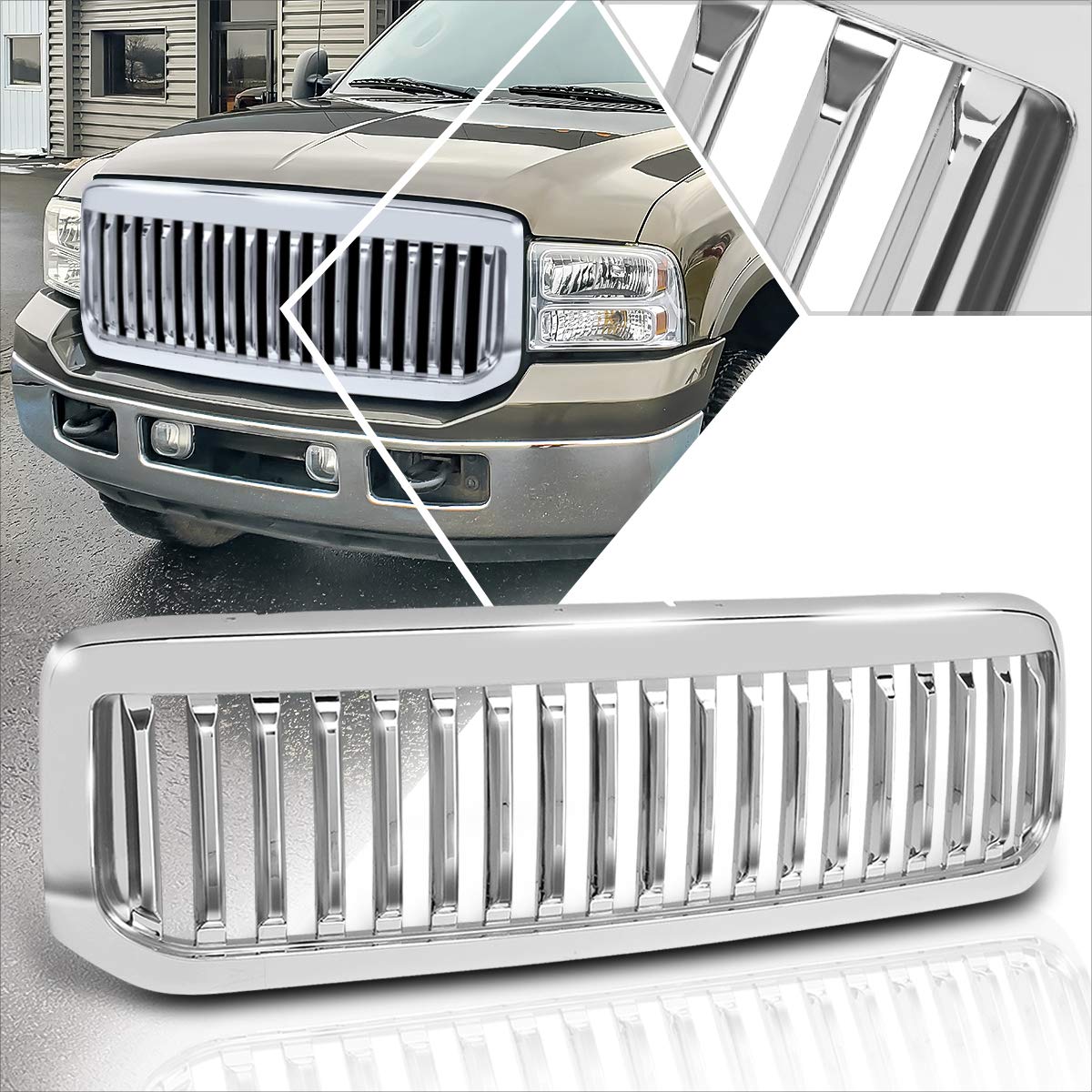 Chrome Vertical Fence Style Front Bumper Grille for 1999-2004 Ford F250 F350 F450 F550 Super Duty Trucks - Heavy Duty Replacement & Off-Road Upgrade
