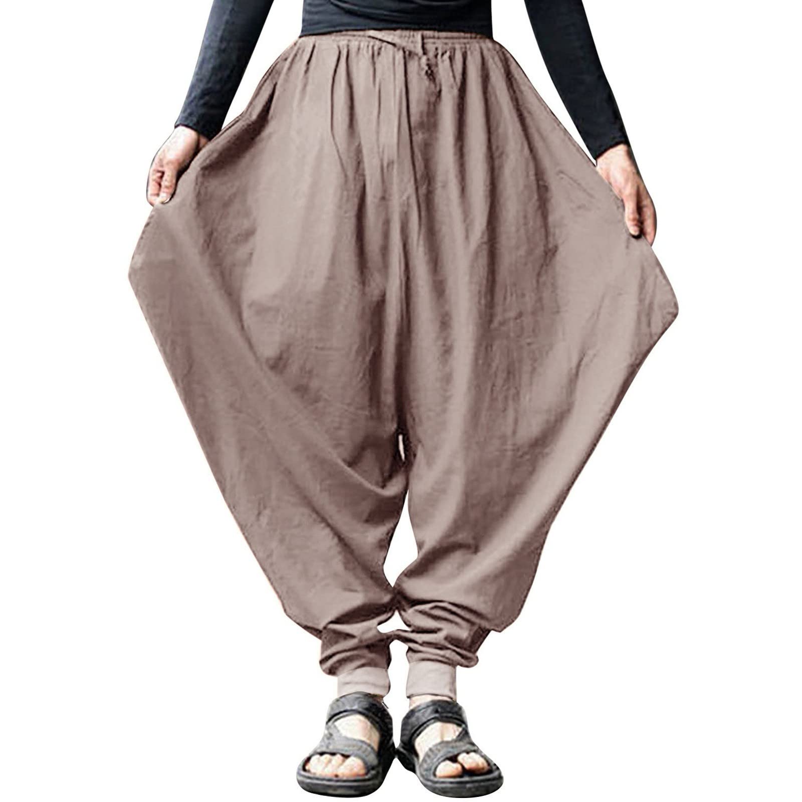 **Men's Linen Cotton Pants - 3X Large Size, Solid Color, Loose Fit Harem Trousers for Summer | Retro Style, Breathable & Comfortable for Casual Wear, Travel & Beach Outfits**