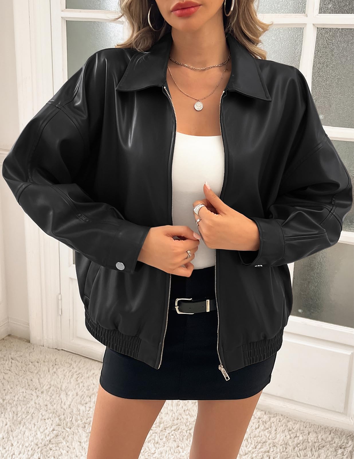 Kate Kasin Women's Faux Leather Jacket - Oversized Vegan Leather Coat for Fall Winter Fashion 2024 | Trendy Biker Style Jacket for Casual Outfits, Night Out & Streetwear Looks