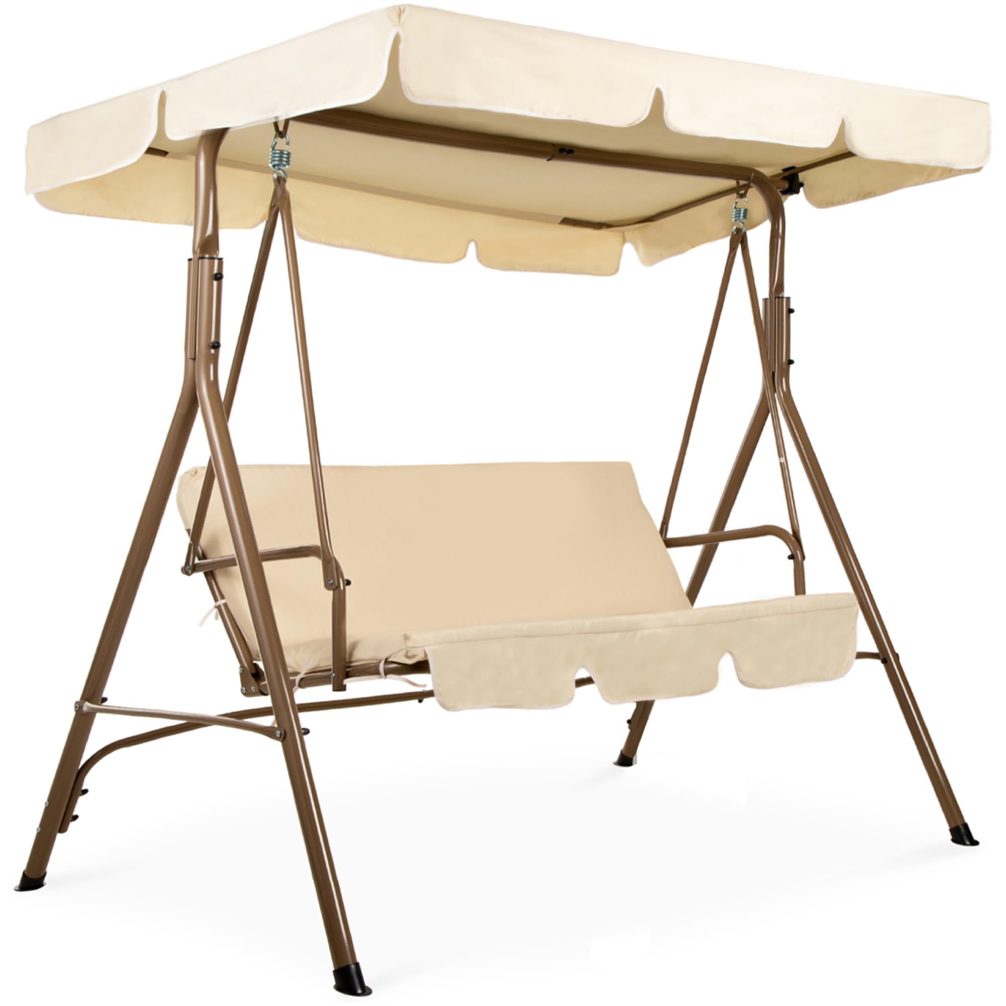 Best Choice Products 2-Person Outdoor Patio Swing Chair with Convertible Canopy - Hanging Glider Porch Bench for Garden, Backyard, Poolside - Adjustable Shade & Removable Cushions - Beige - Perfect for Relaxing, Reading, and Enjoying Outdoor Spaces