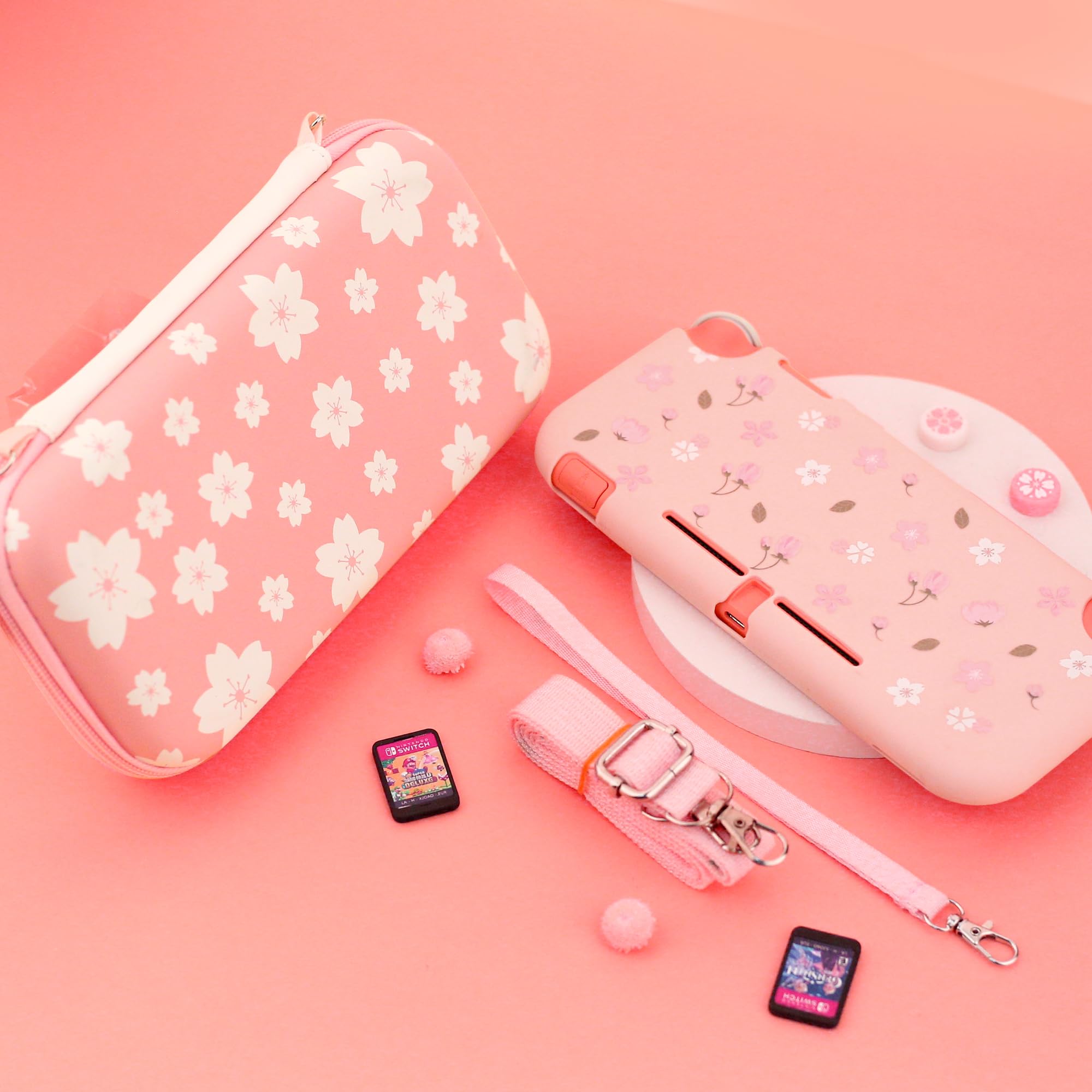 Premium Nintendo Switch Lite Carrying Case with 10 Game Card Slots - Protective Travel Bag Includes TPU Skin, Screen Protector, Adjustable Shoulder Strap, Wrist Strap & 2 Sakura Thumb Grips - Perfect for Gaming On-The-Go, Travel Protection & Switch Lite Accessories Storage