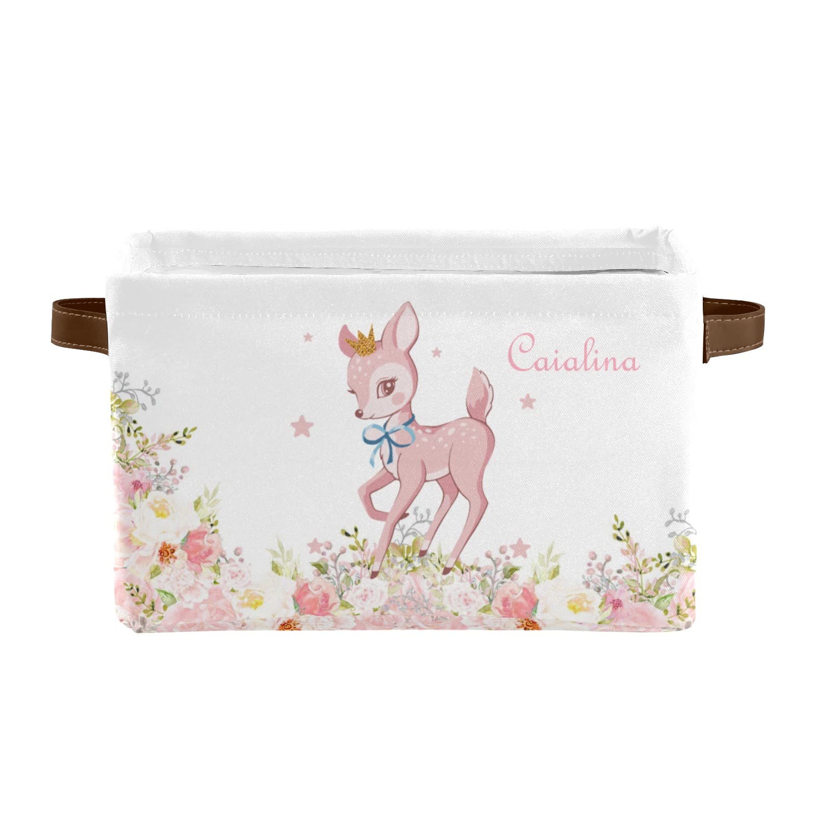 Pink Bambi Floral Deer Personalized Storage Bins - 2 Pack Durable Cube Organizer with Handles for Shelves, Wardrobe, Nursery & Toy Organization - Perfect for Kids' Room Decor and Home Storage Solutions